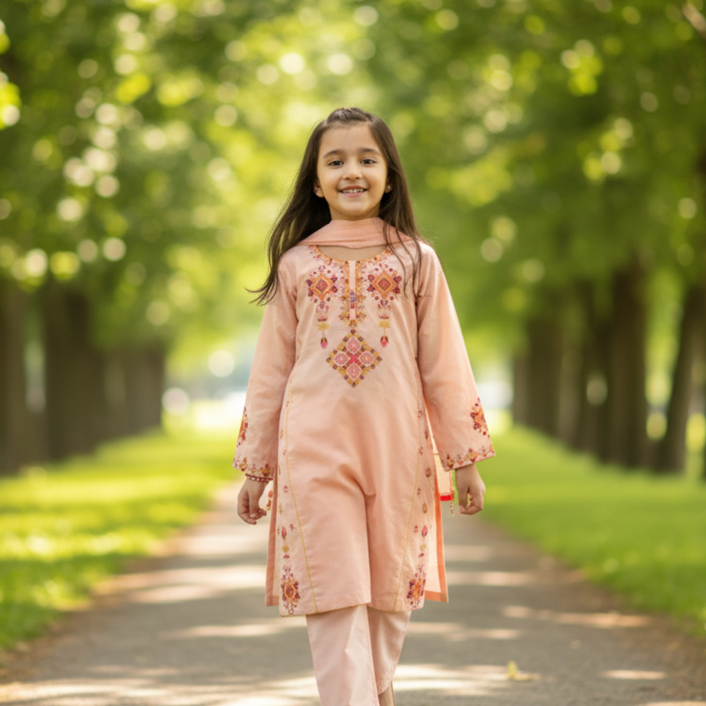 Embroidered Kids Kurta | Peach-Colored Traditional Outfit with Floral Embroidery & Comfortable Fit