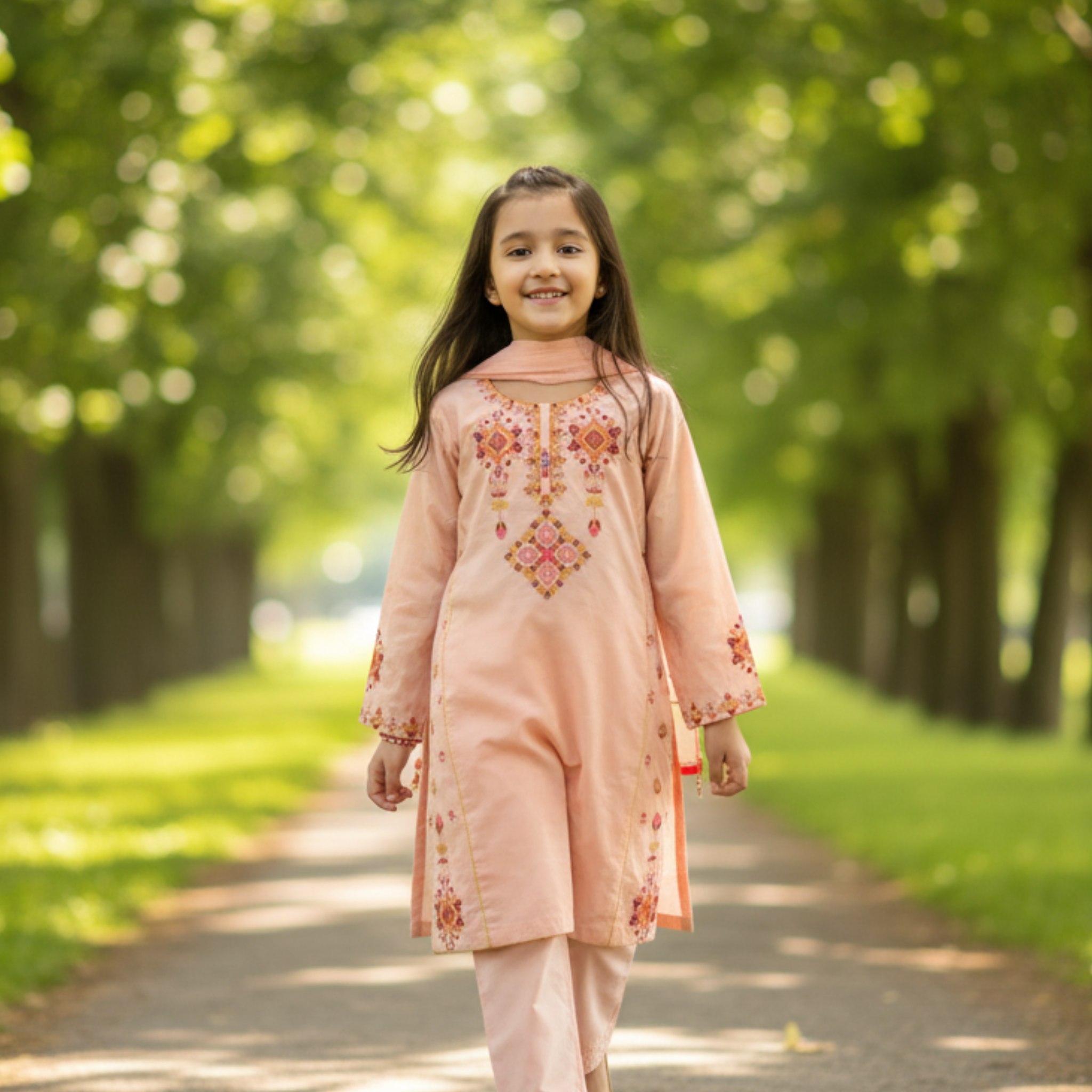 Embroidered Kids Kurta | Peach-Colored Traditional Outfit with Floral Embroidery & Comfortable Fit