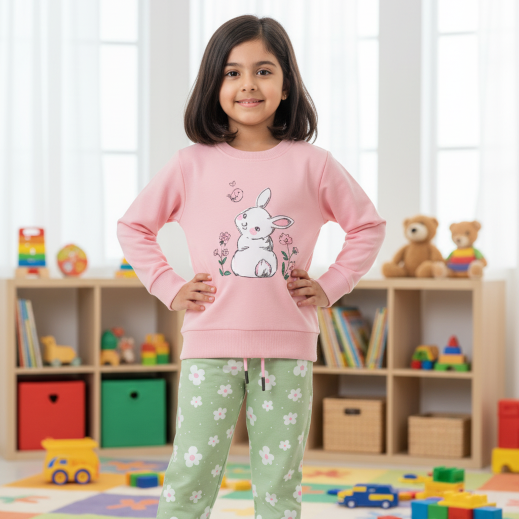 Bunny Graphic Pajama Set for Girls â Cute & Cozy Sleepwear with Floral Pants