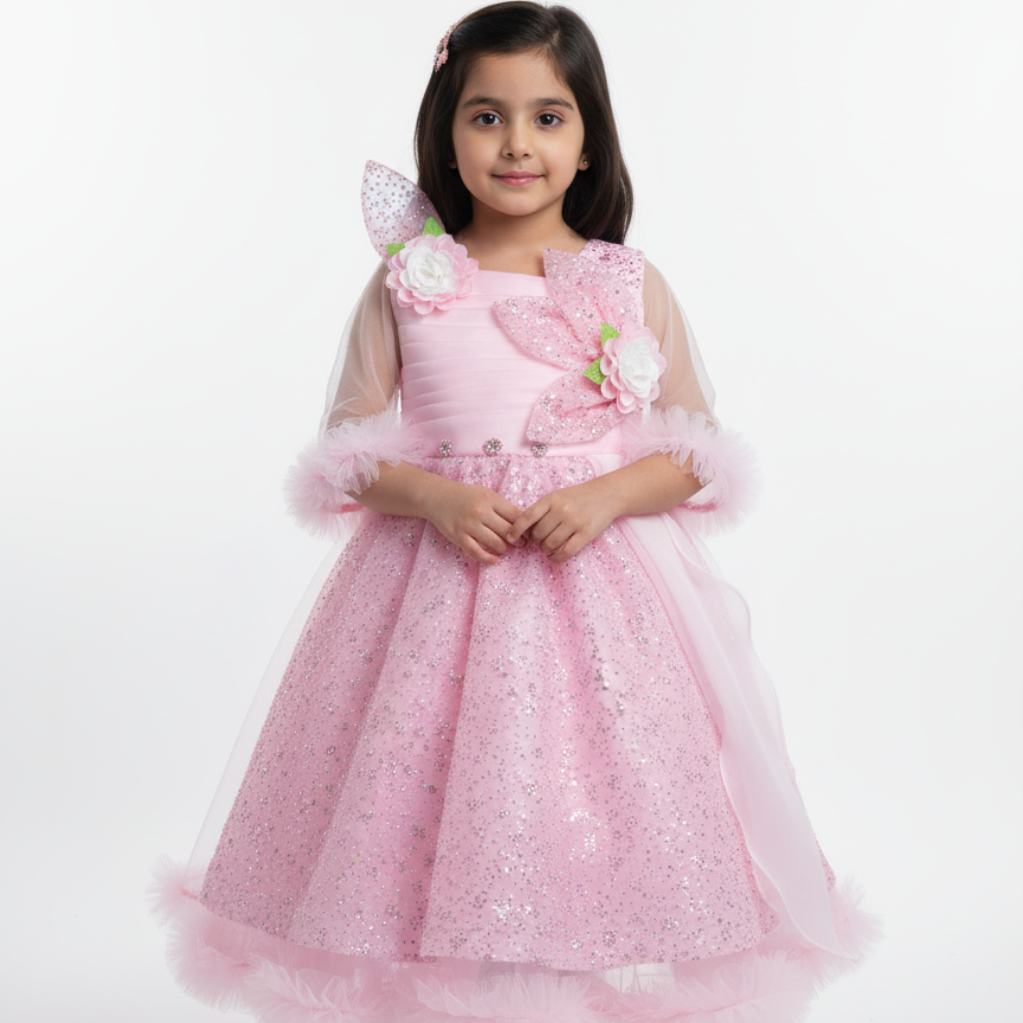 Pink Princess Frock for Girls â Sparkling Party Dress with Floral Embellishments & Feather Trim