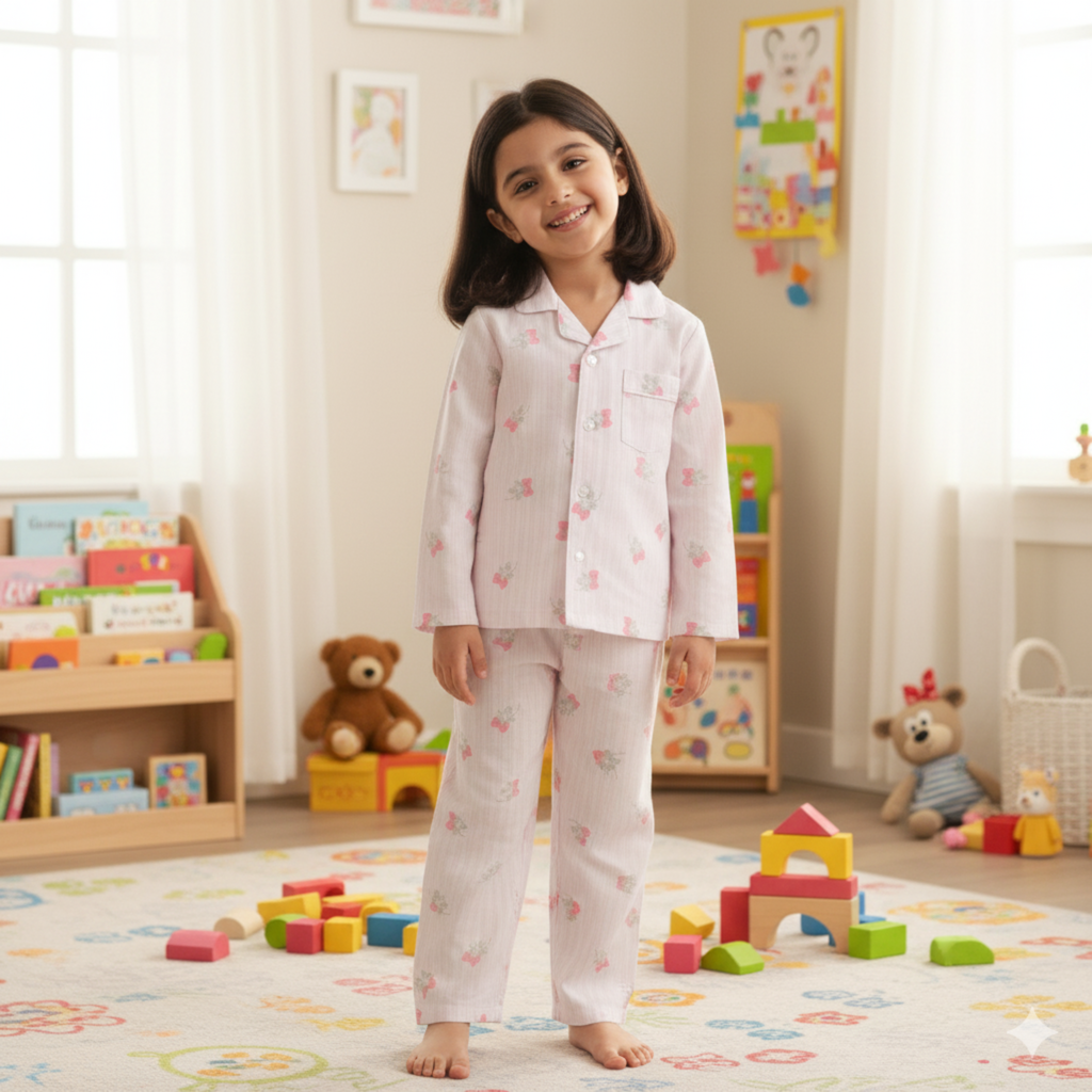 Cute Pink Floral Pajama Set for Girls â Soft & Comfortable Sleepwear with Buttoned Top and Elastic Waist Pants