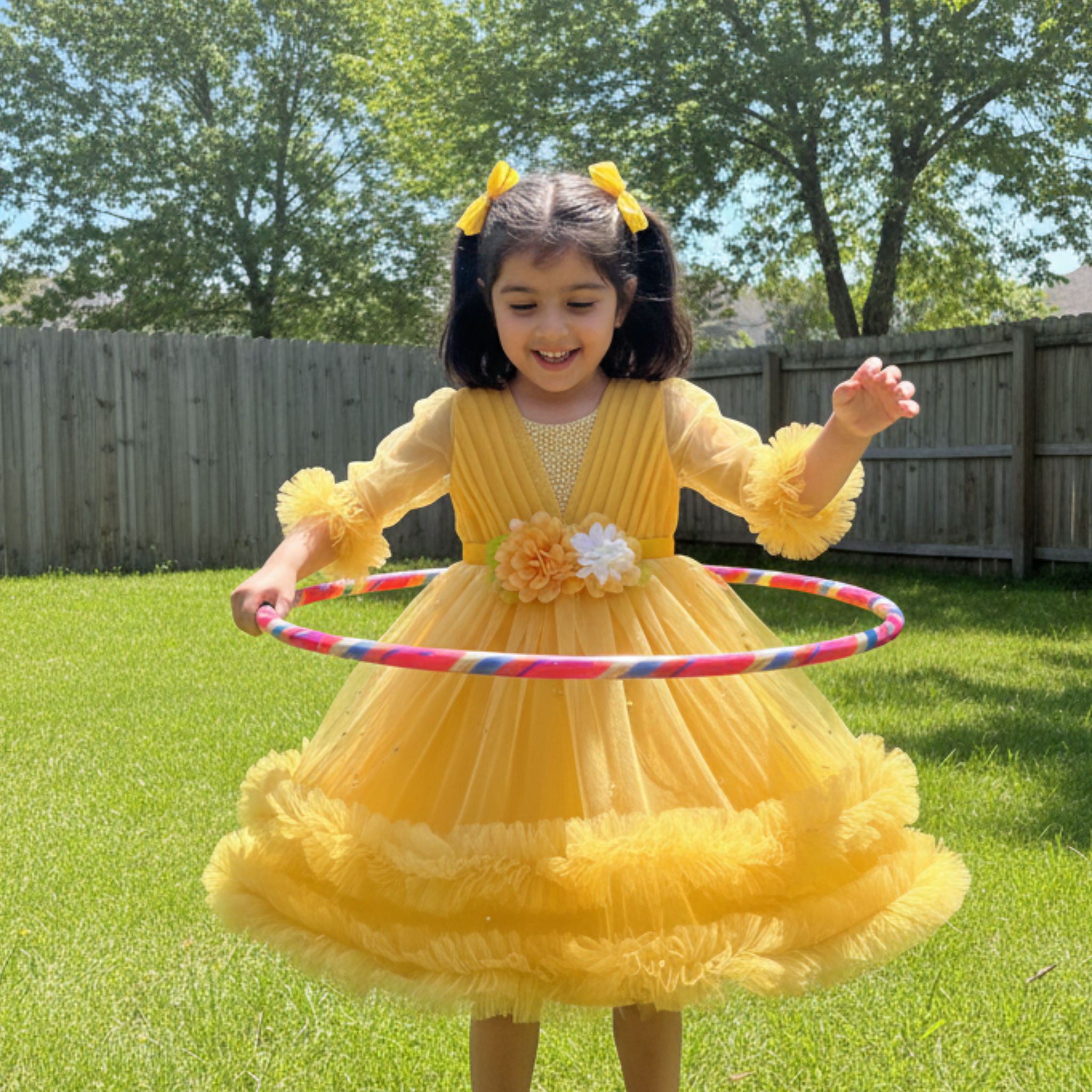 Yellow Sunshine Boutique Frock for Girls â Twirling Party Dress with Flower Embellishments & Ruffled Tulle