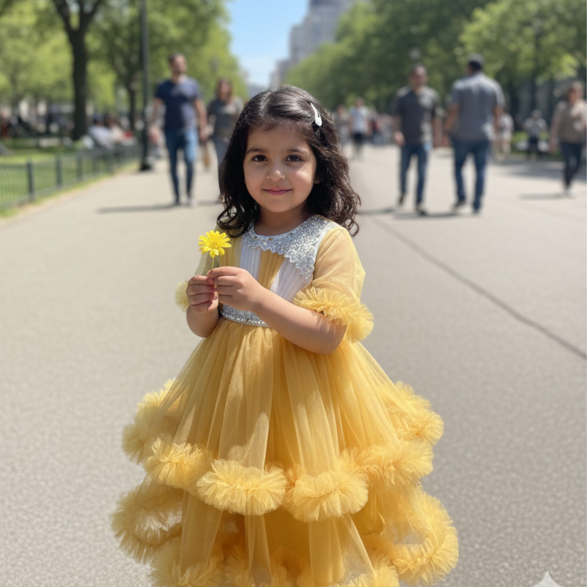 Sunny Yellow Party Frock for Girls â Elegant Birthday Dress with Tulle Ruffles & Sequin Detailing
