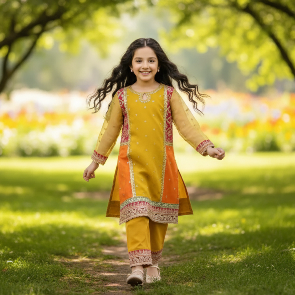 Embroidered Kids Shalwar Kameez â Elegant Yellow & Orange Traditional Outfit with Floral Detailing