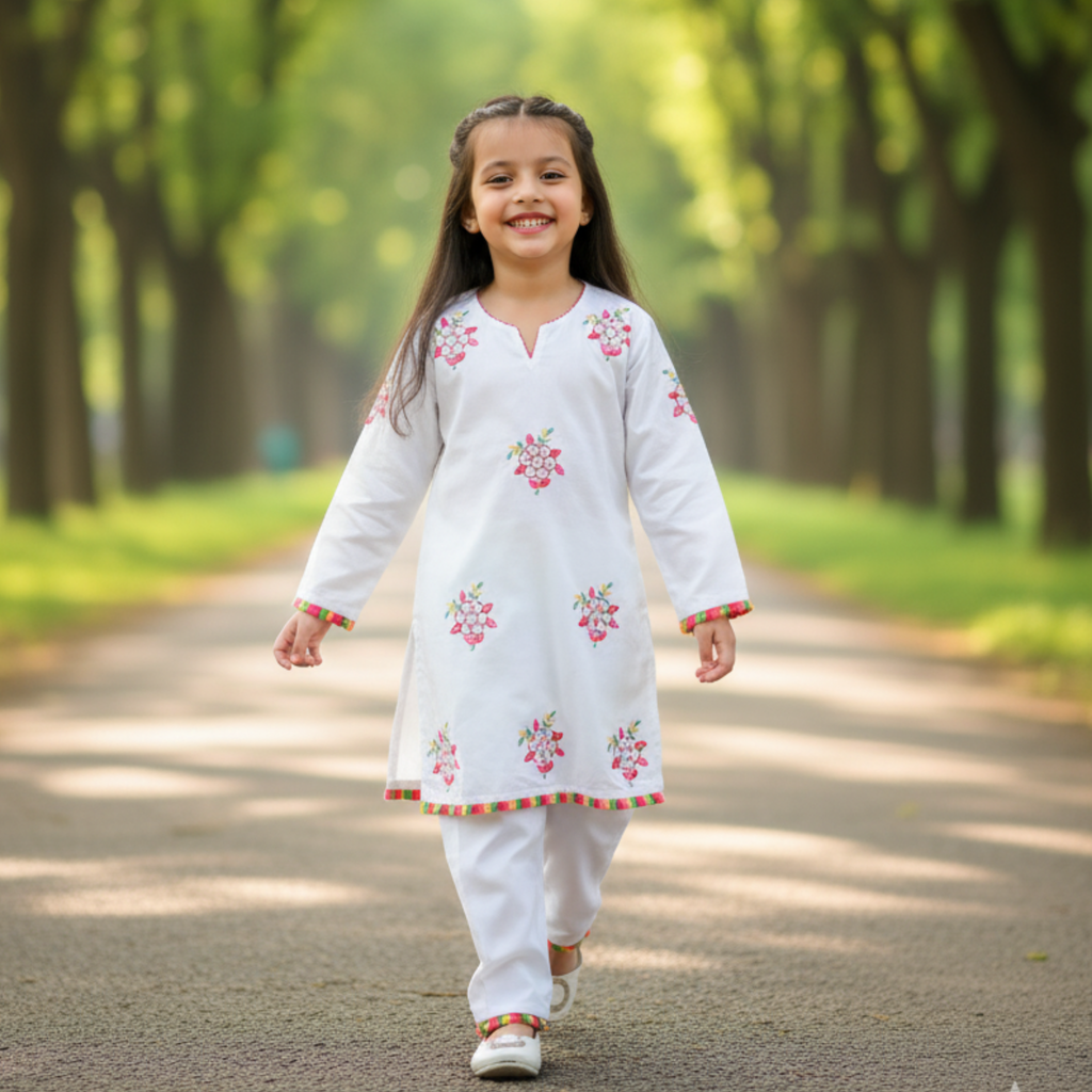 Embroidered Kids Kurta with Churidar - Elegant White Traditional Outfit for Girls