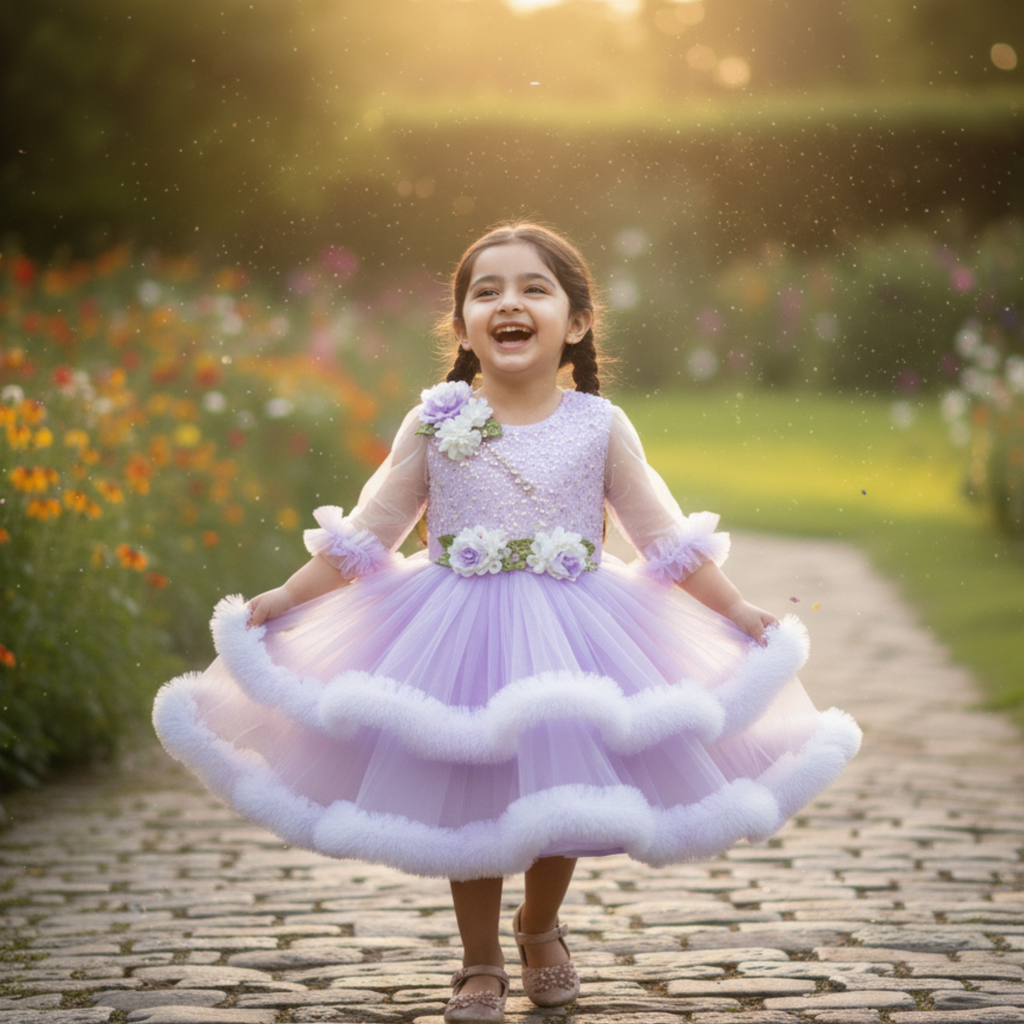 Lavender Princess Frock for Girls â Sparkling Birthday Dress with Floral AppliquÃ© & Feather Trim