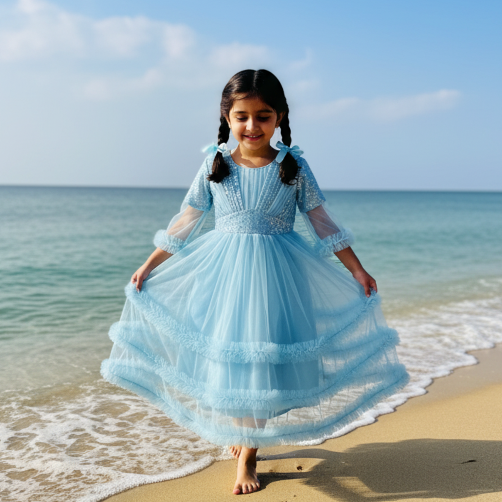 Blue Princess Frock for Girls â Elegant Party Dress with Lace & Pearl Embellishments