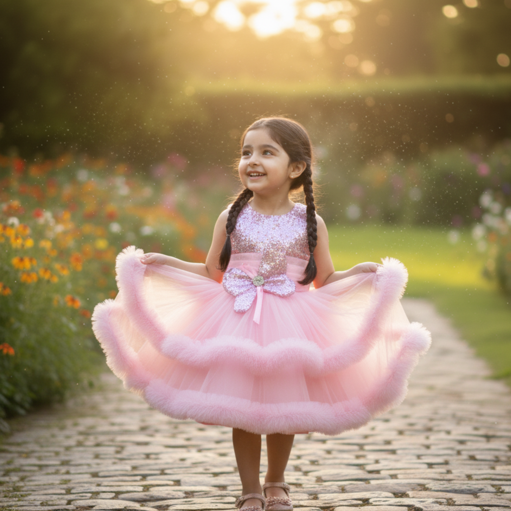 Pink Princess Party Frock for Girls â Sparkling Tulle Dress with Flower AppliquÃ© & Feather Trim