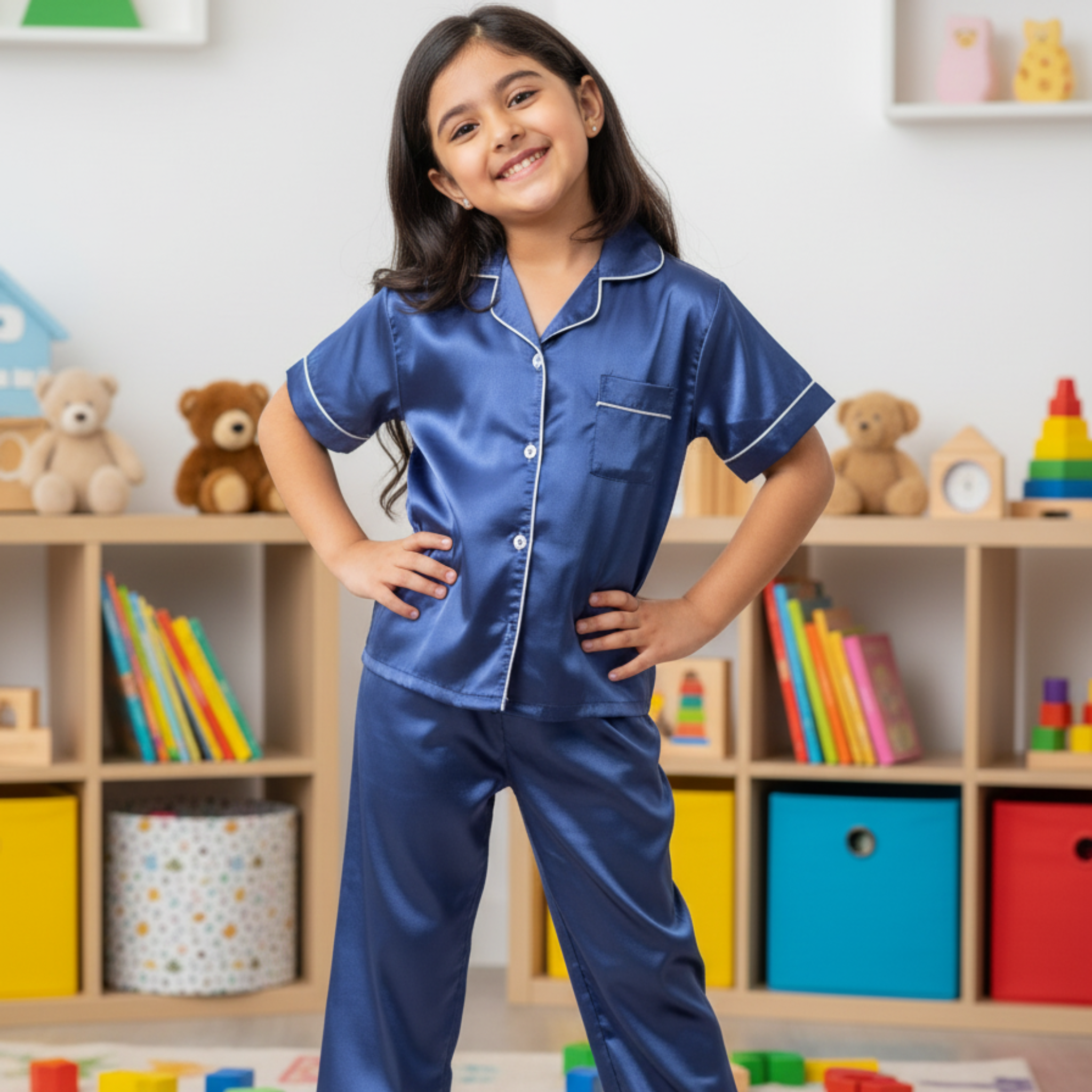 Satin Pajama Set for Girls â Elegant & Comfortable Sleepwear with Buttoned Top and Elastic Waist Pants