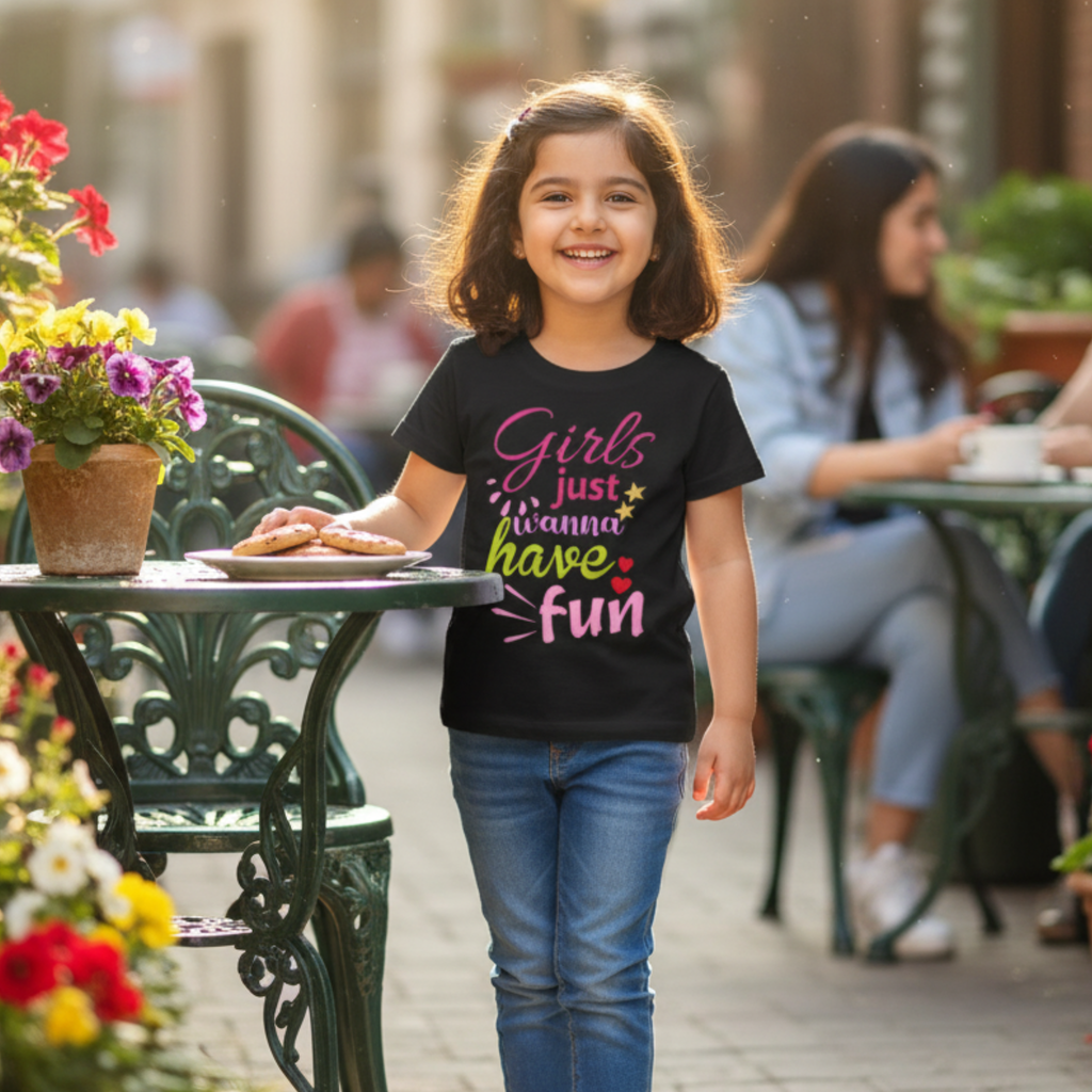 âGirls Just Wanna Have Funâ T-shirt for Girls â Fun & Colorful Casual Tee with Bold Graphic Print