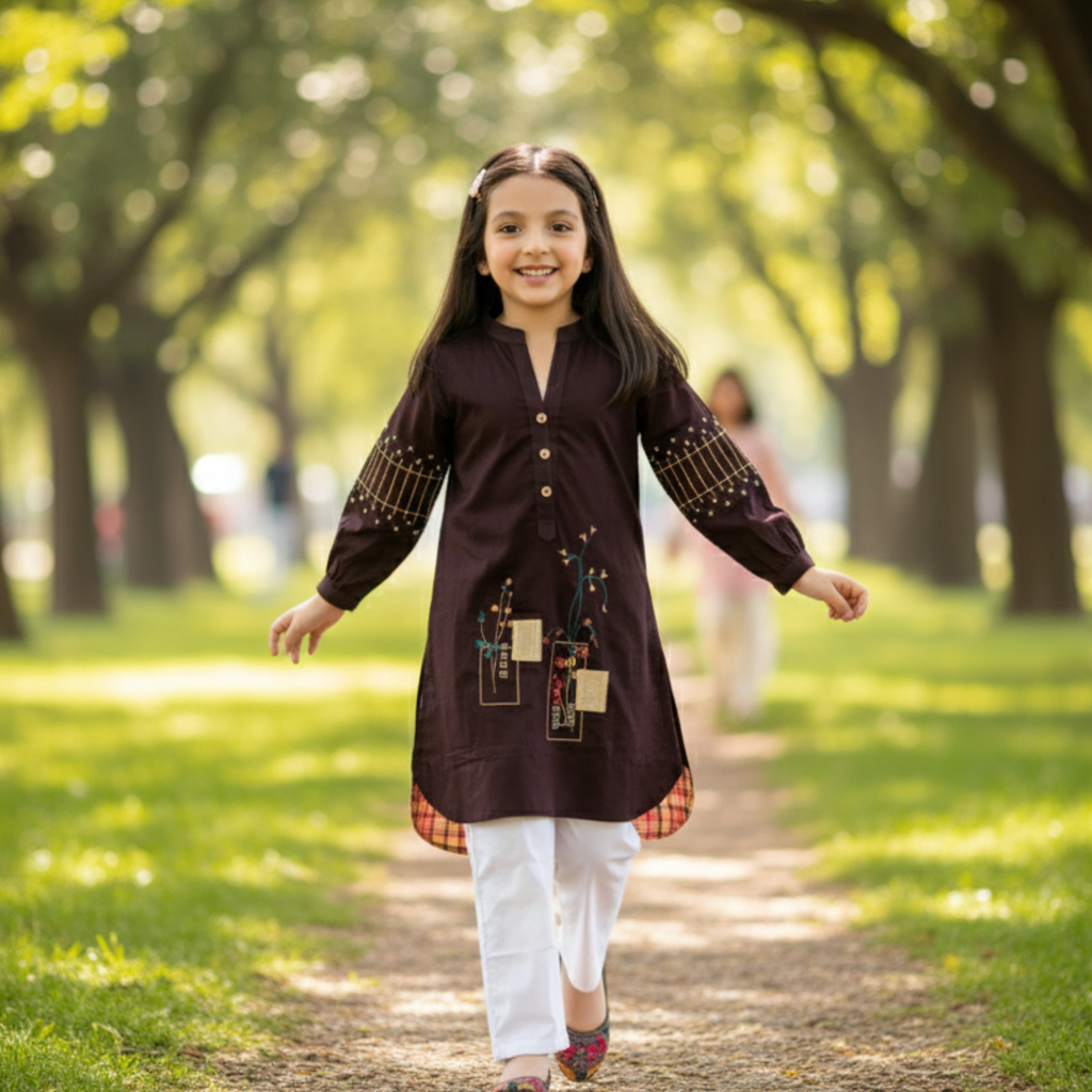 Embroidered Kids Shalwar Kameez â Elegant Burgundy Outfit with Floral Detailing & White Pants