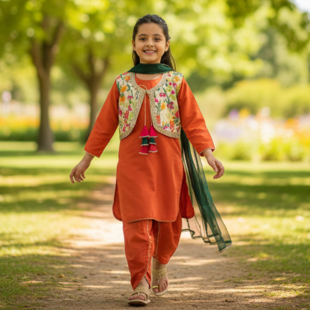 Embroidered Kids Shalwar Kameez Set â Elegant Orange Outfit with Floral Vest and Matching Scarf