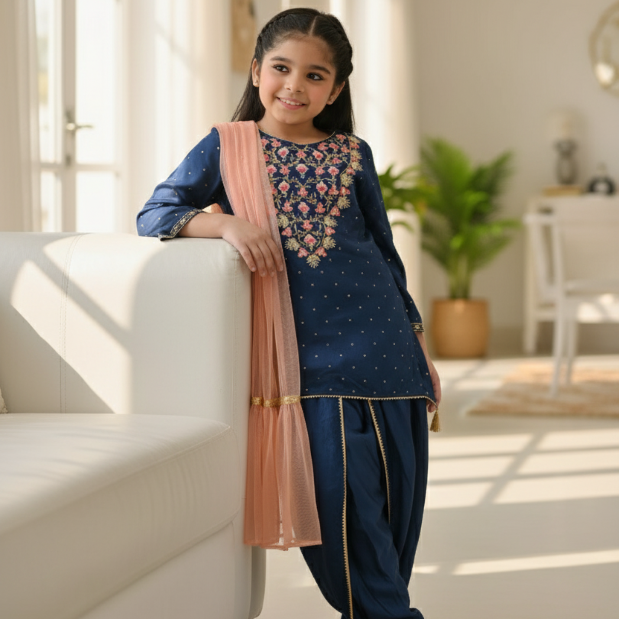 Embroidered Kids Kurta with Churidar and Scarf â Elegant Navy Blue Traditional Outfit for Girls  Key Features / Highlights