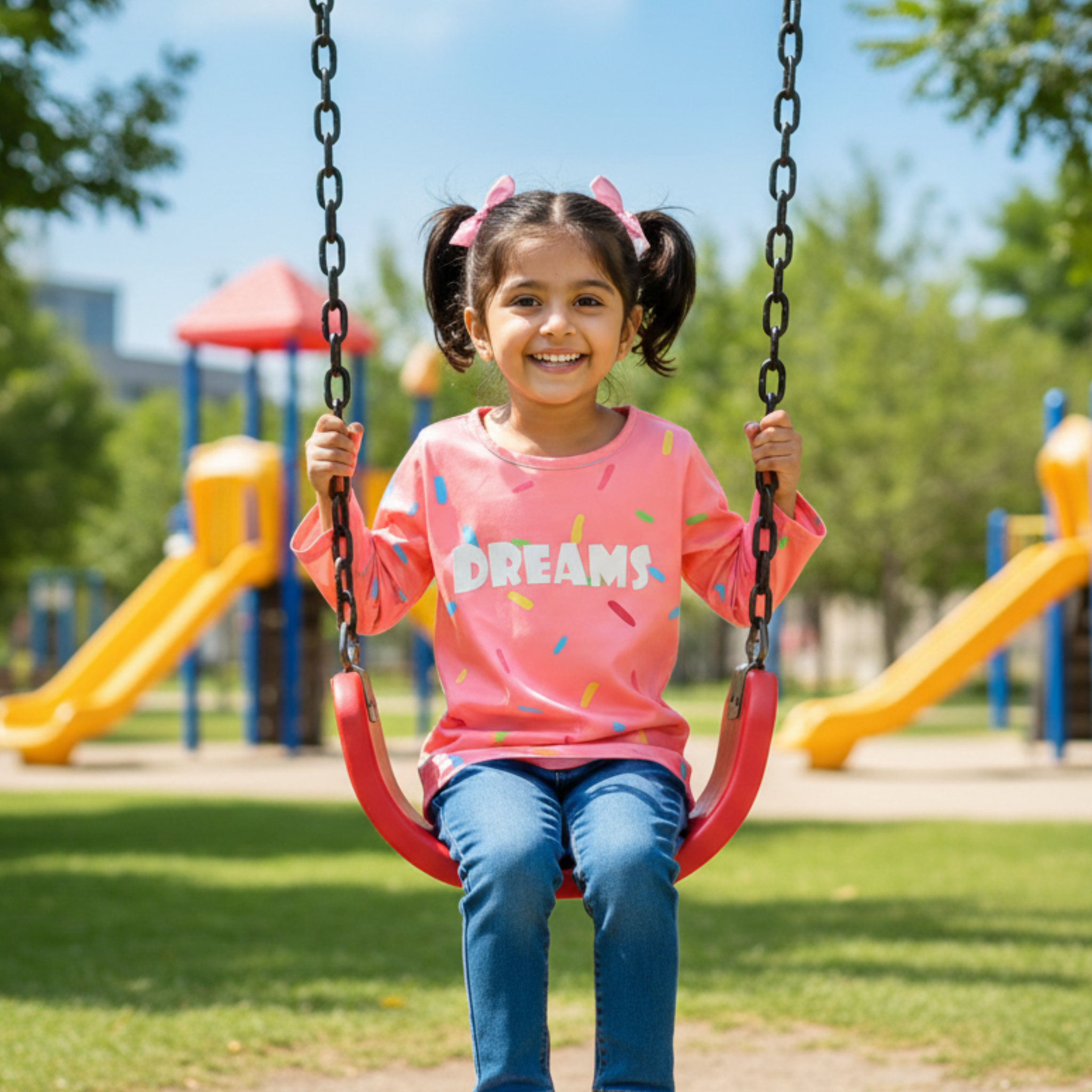 Pink âDREAMSâ T-shirt Frock for Girls â Fun & Colorful Play Dress with Sprinkles Design