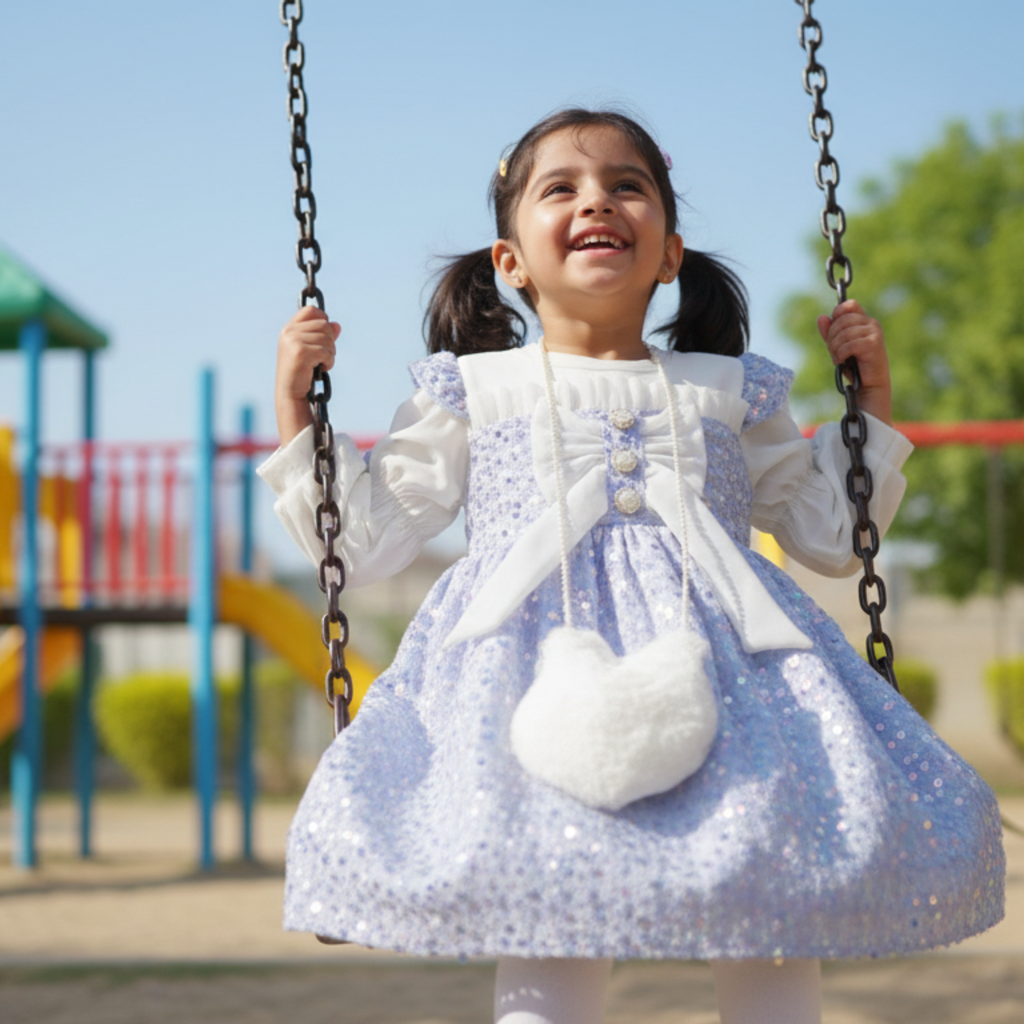 Lavender Princess Frock for Girls â Elegant Party Dress with Sequin Details & Puff Sleeves