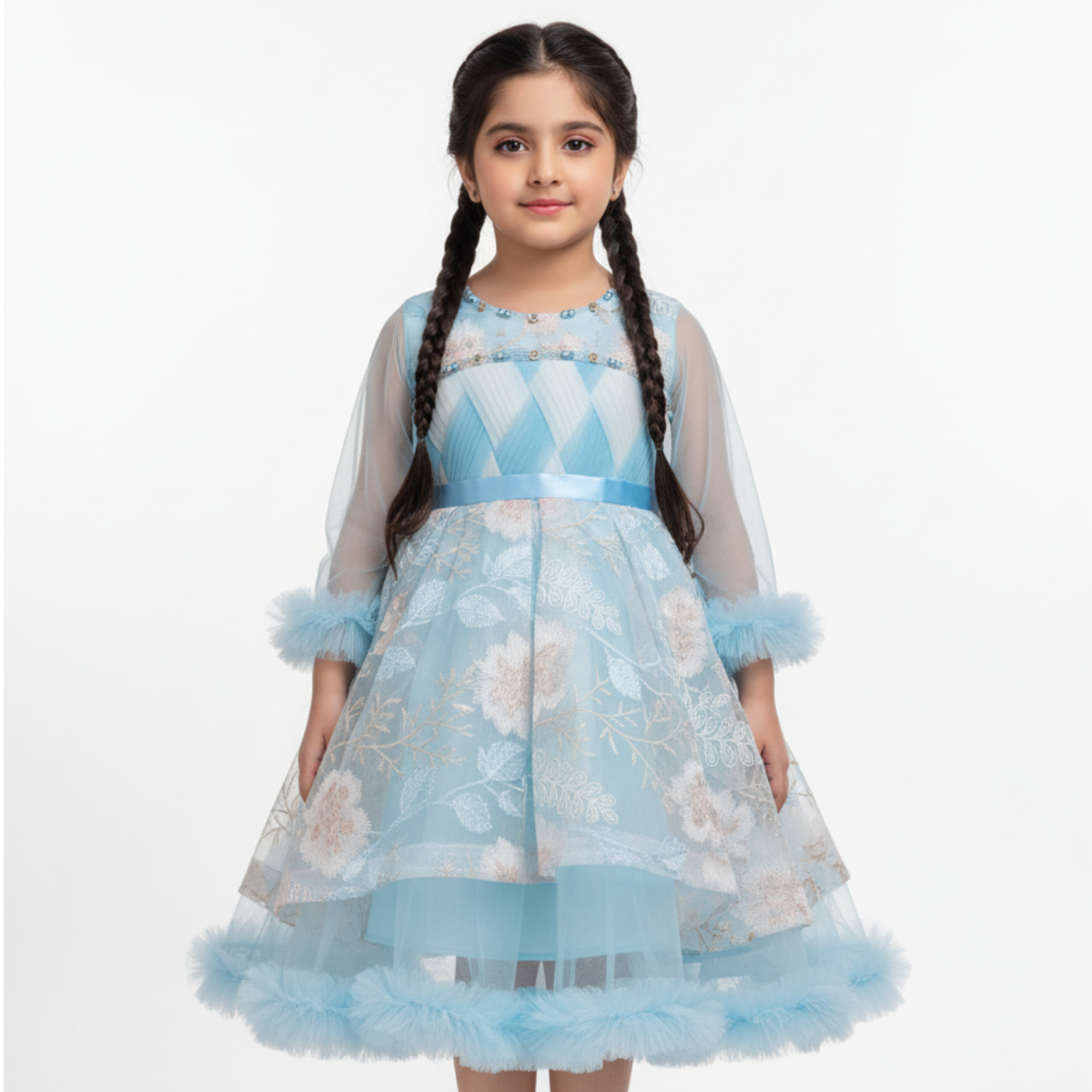 Boutique Blue Party Frock for Girls â Elegant Floral Dress with Tulle Layers & Feather Trim