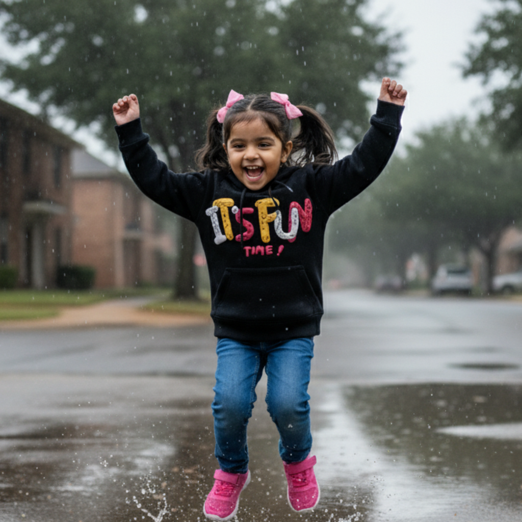 "It's Fun Time" Sweatshirt Frock for Girls â Cozy & Colorful Hoodie Dress with Bold Graphic Print