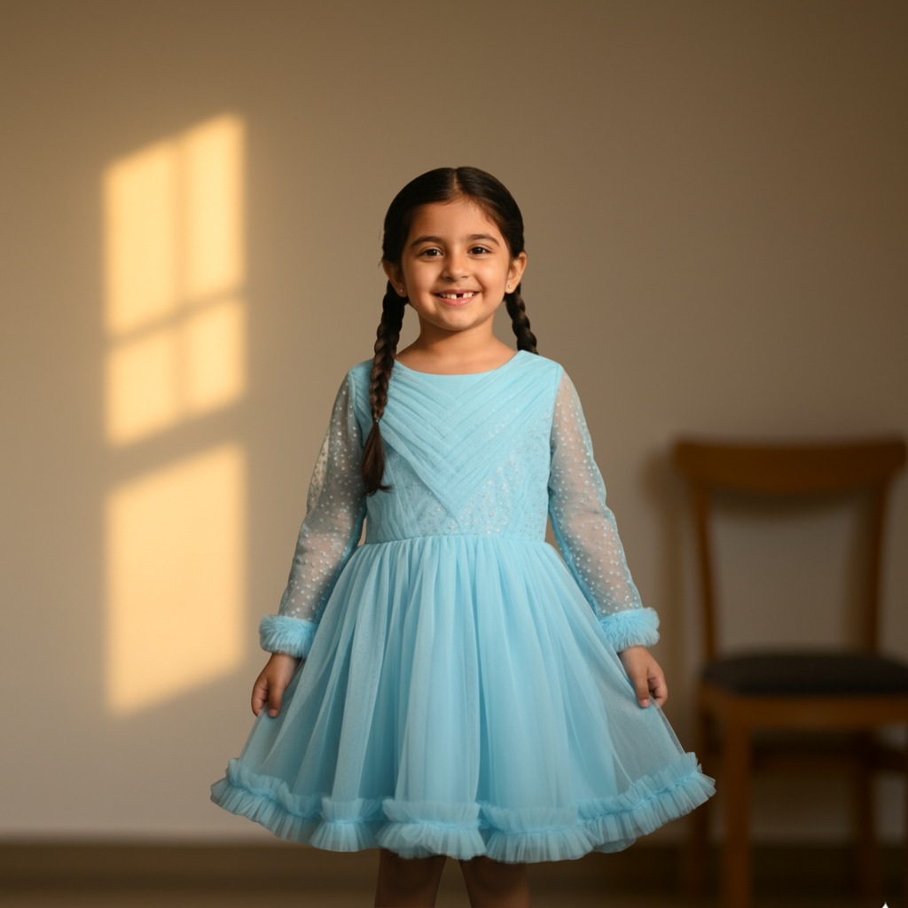 Sky Blue Party Frock for Girls â Elegant Birthday Dress with Tulle Layers & Sparkle Detailing