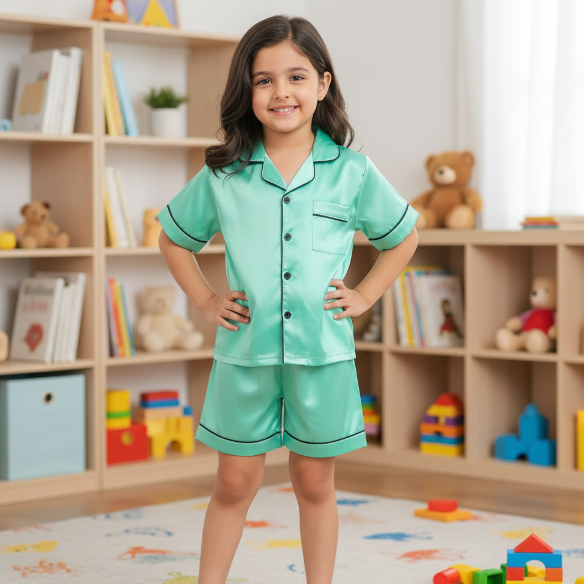 Mint Green Satin Pajama Set for Girls â Soft & Stylish Sleepwear with Buttoned Top & Elastic Waist Shorts