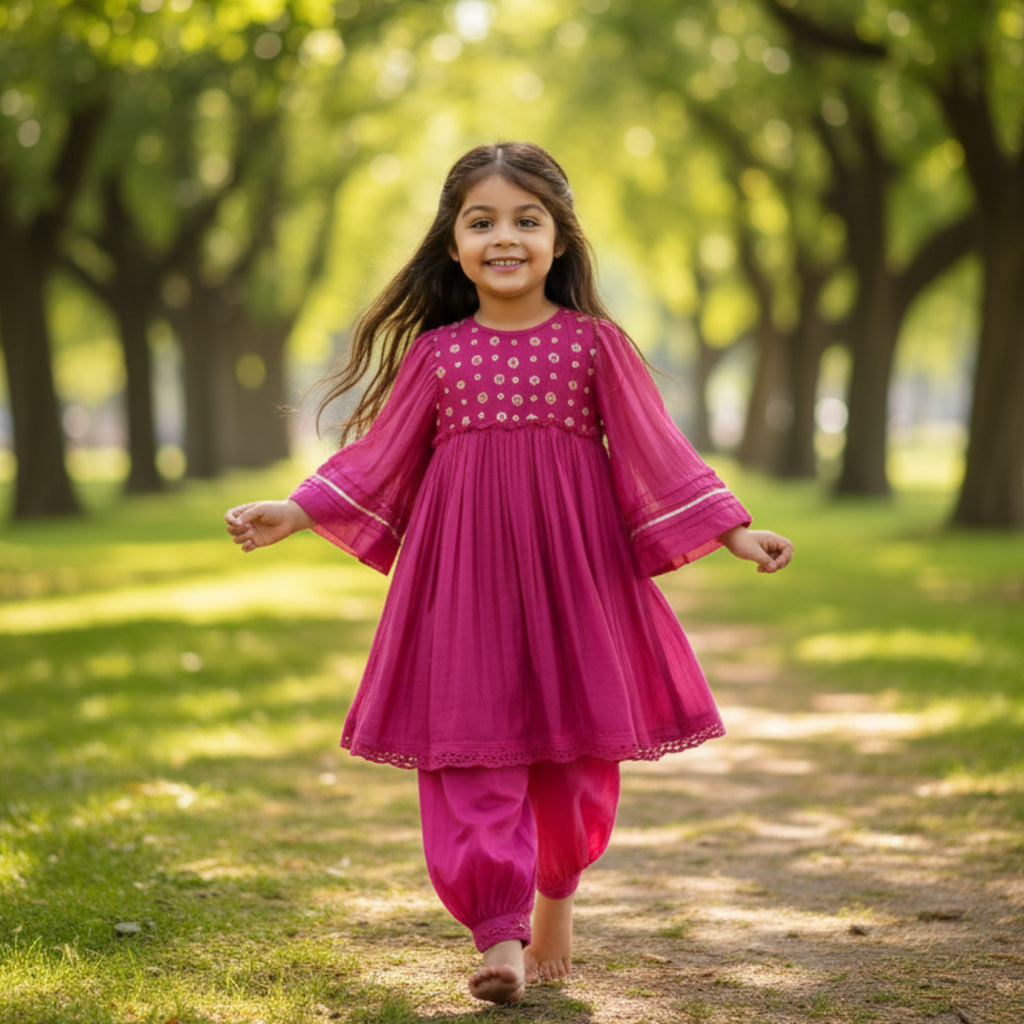 Embroidered Kids Kurta with Gathered Pants - Elegant Traditional Outfit for Girls
