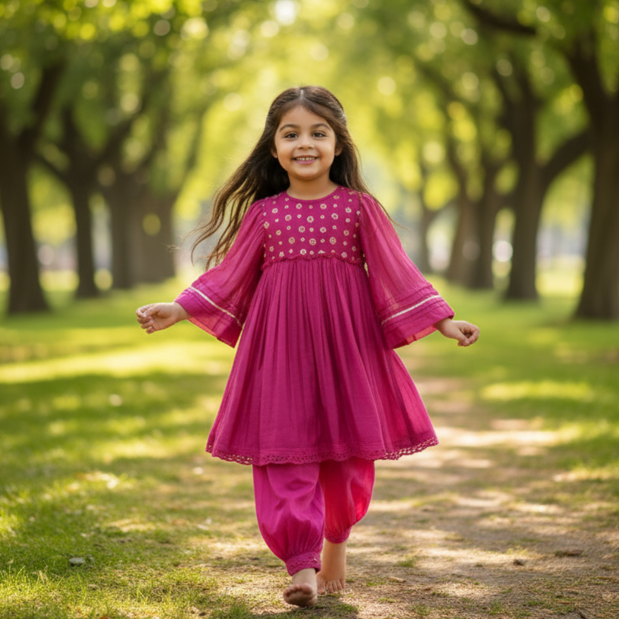 Embroidered Kids Kurta with Gathered Pants - Elegant Traditional Outfit for Girls