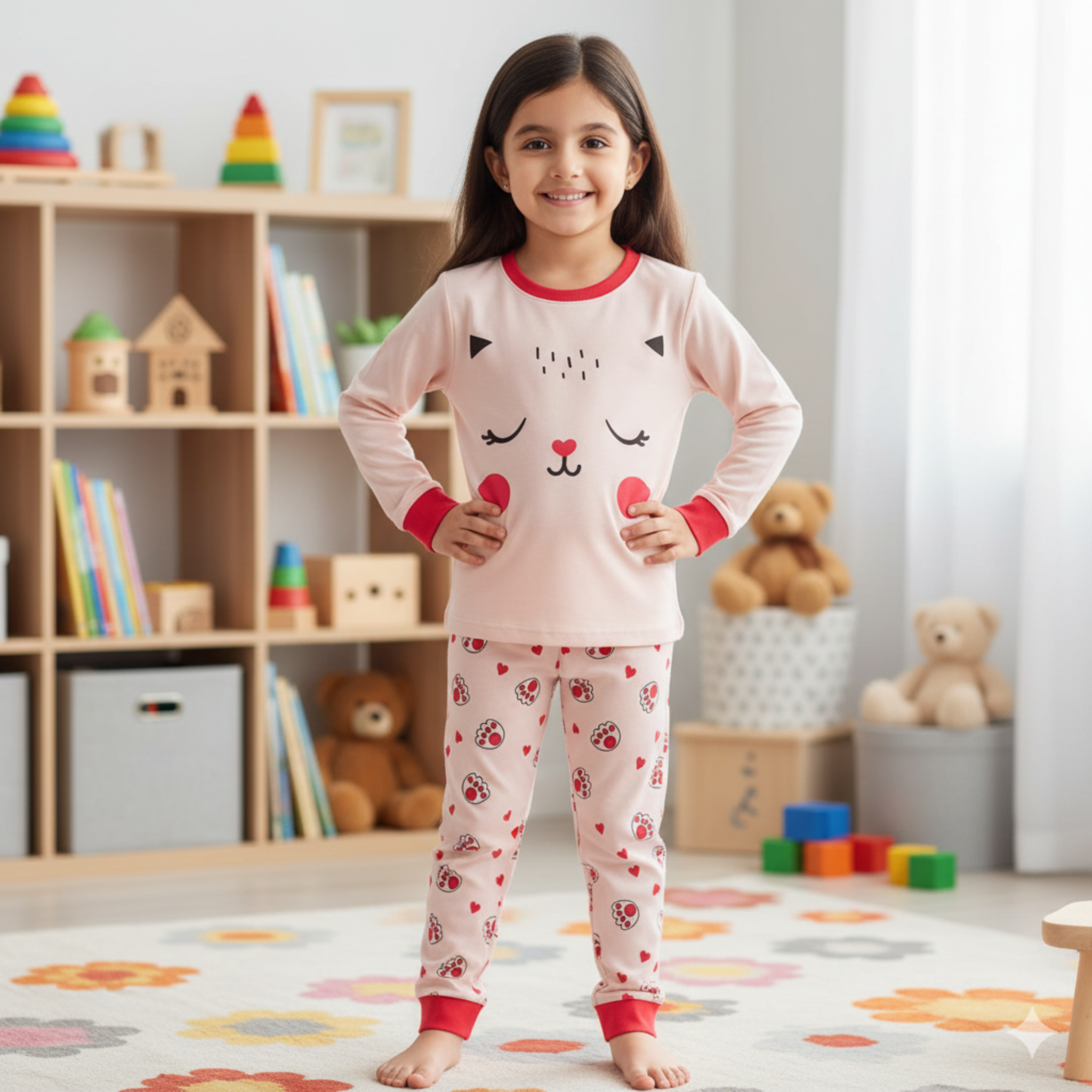 Cat Face Graphic Pajama Set for Girls â Cozy & Cute Sleepwear with Paw Print Design