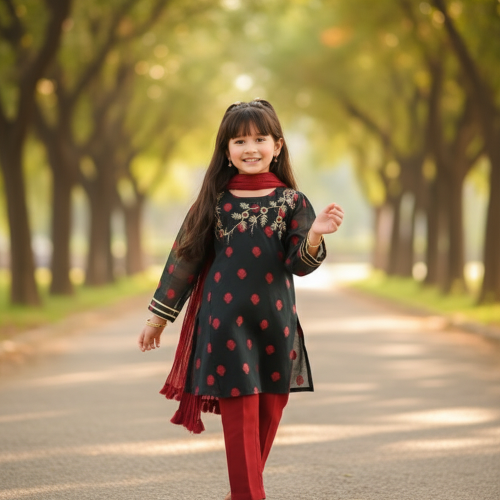 Embroidered Kids Shalwar Kameez Set â Elegant Black & Red Traditional Outfit with Floral Detailing