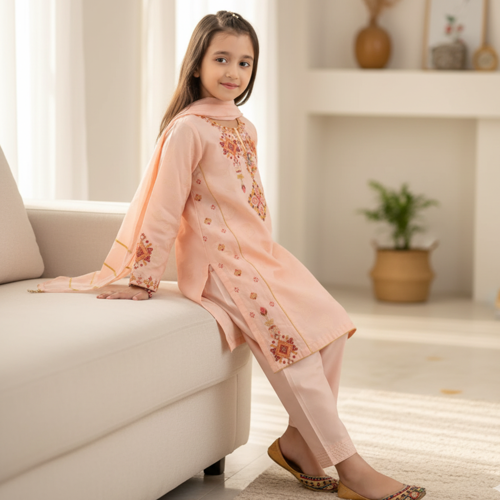 Embroidered Kids Kurta | Peach-Colored Traditional Outfit with Floral Embroidery & Comfortable Fit