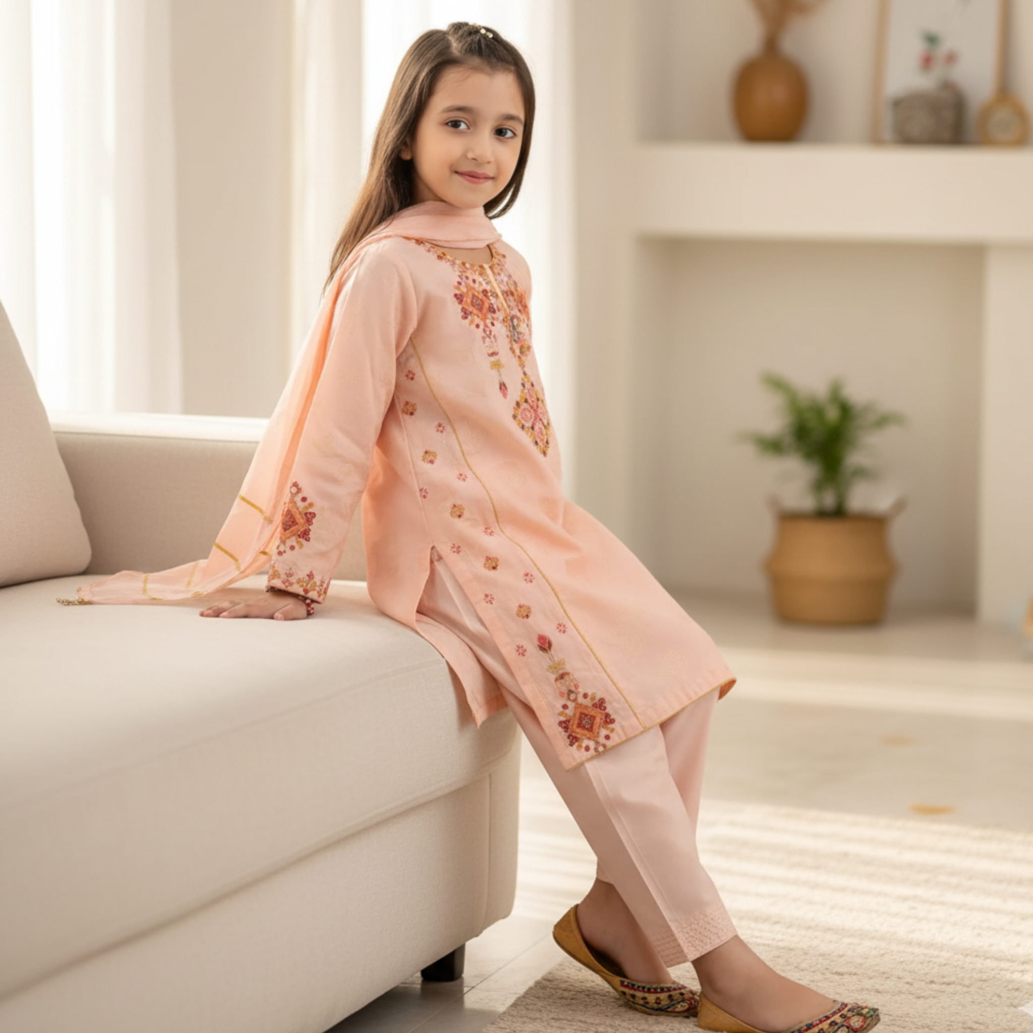 Embroidered Kids Kurta | Peach-Colored Traditional Outfit with Floral Embroidery & Comfortable Fit