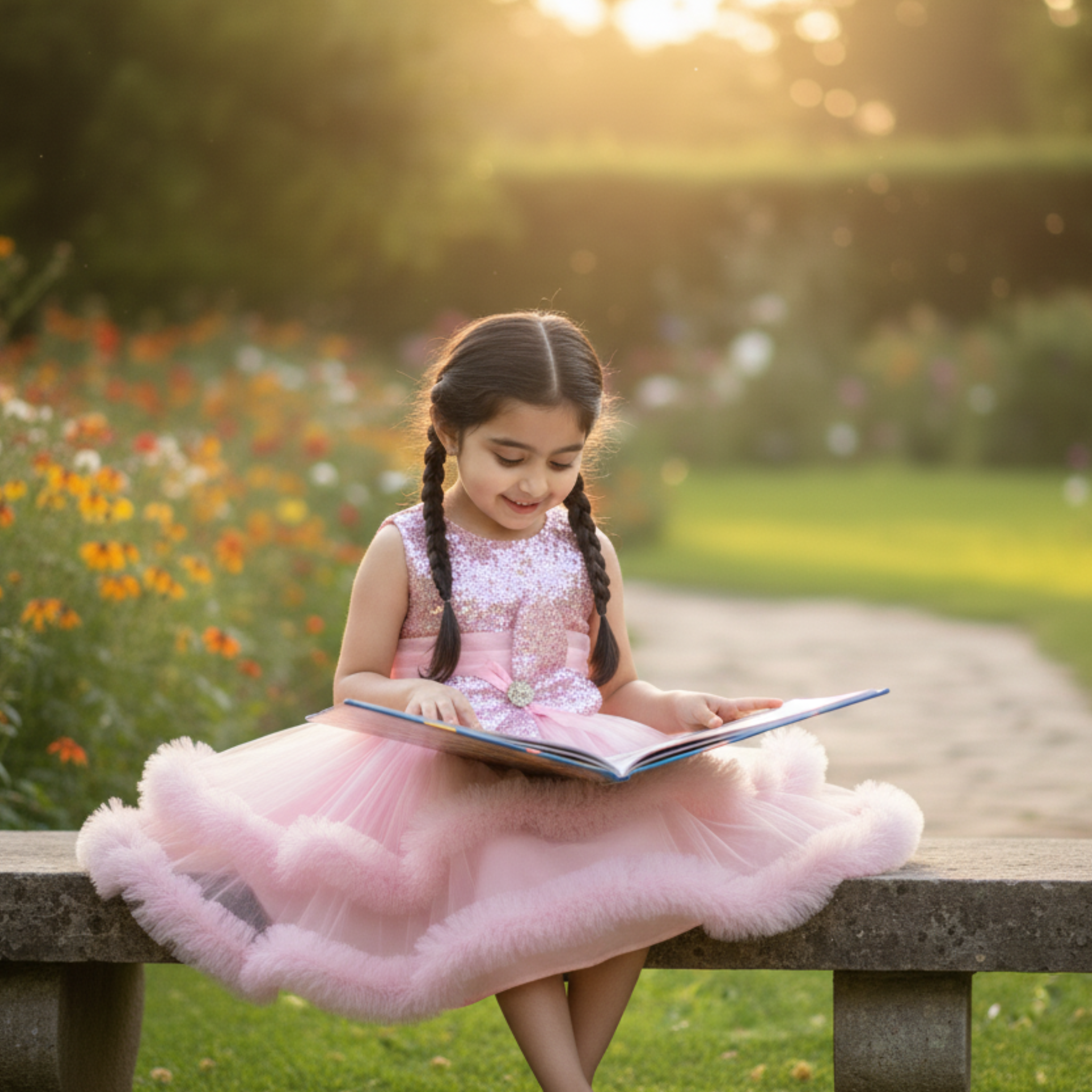 Pink Princess Party Frock for Girls â Sparkling Tulle Dress with Flower AppliquÃ© & Feather Trim