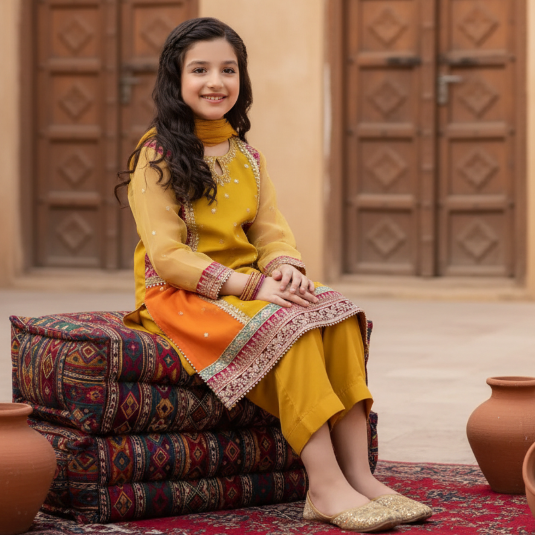 Embroidered Kids Shalwar Kameez â Elegant Yellow & Orange Traditional Outfit with Floral Detailing