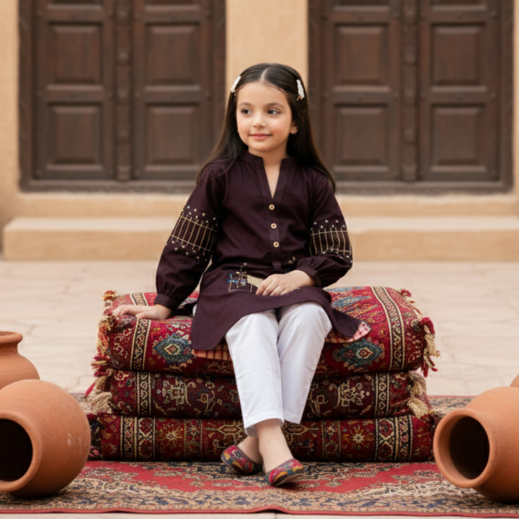 Embroidered Kids Shalwar Kameez â Elegant Burgundy Outfit with Floral Detailing & White Pants