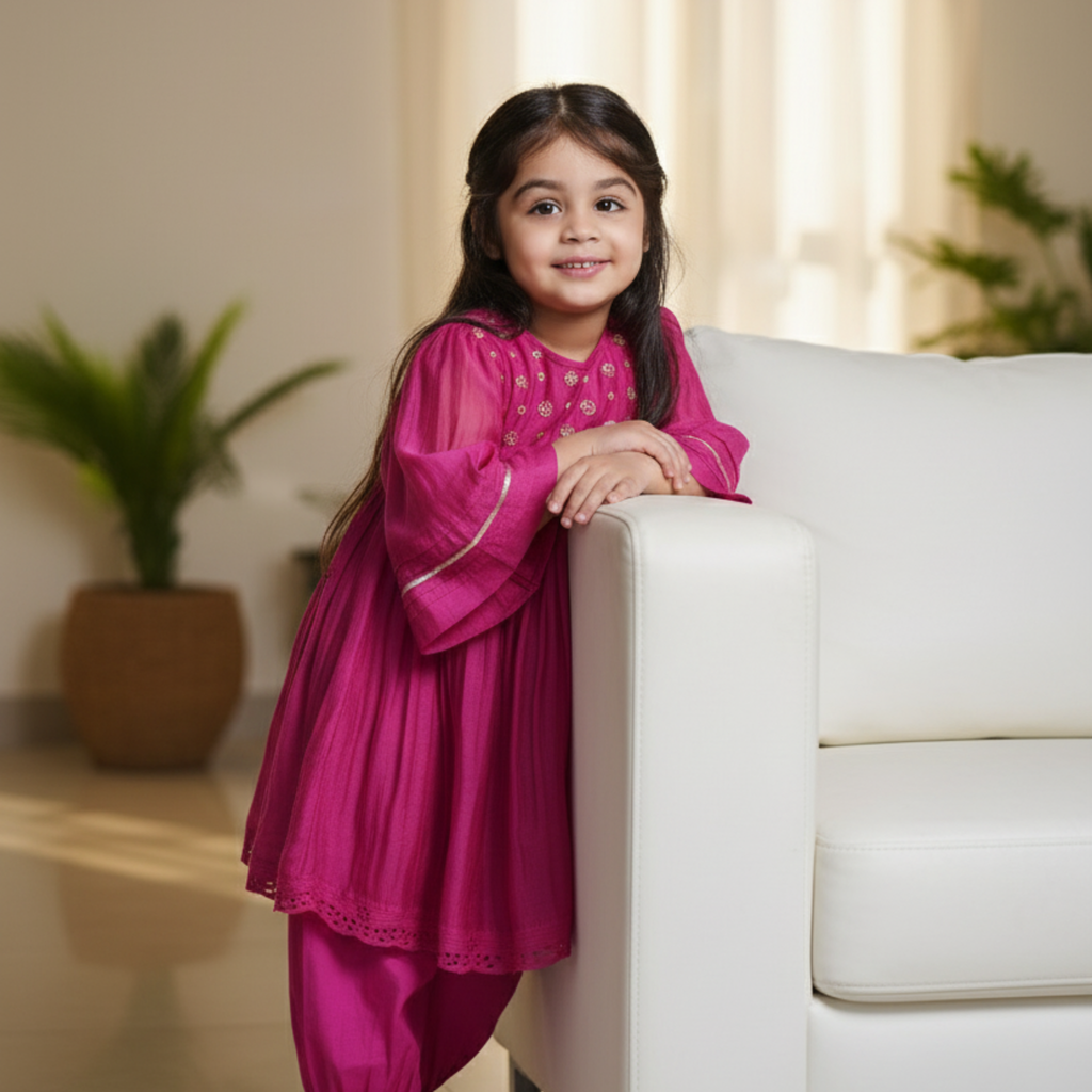 Embroidered Kids Kurta with Gathered Pants - Elegant Traditional Outfit for Girls