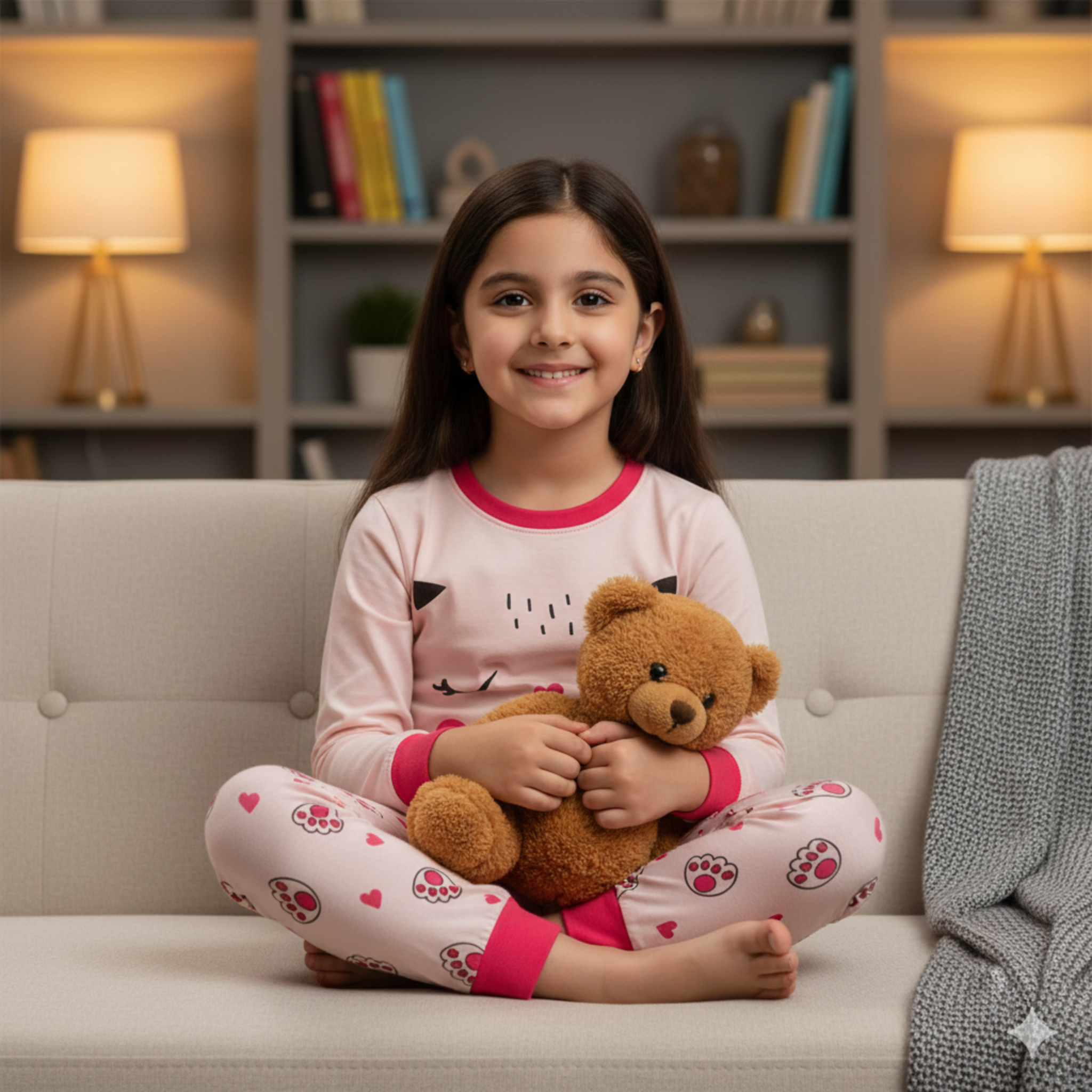 Cat Face Graphic Pajama Set for Girls â Cozy & Cute Sleepwear with Paw Print Design