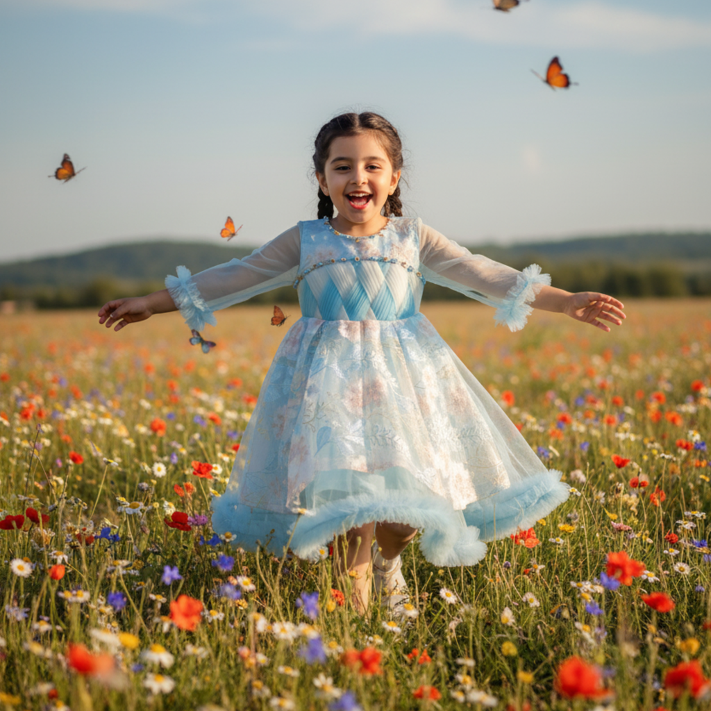 Boutique Blue Party Frock for Girls â Elegant Floral Dress with Tulle Layers & Feather Trim