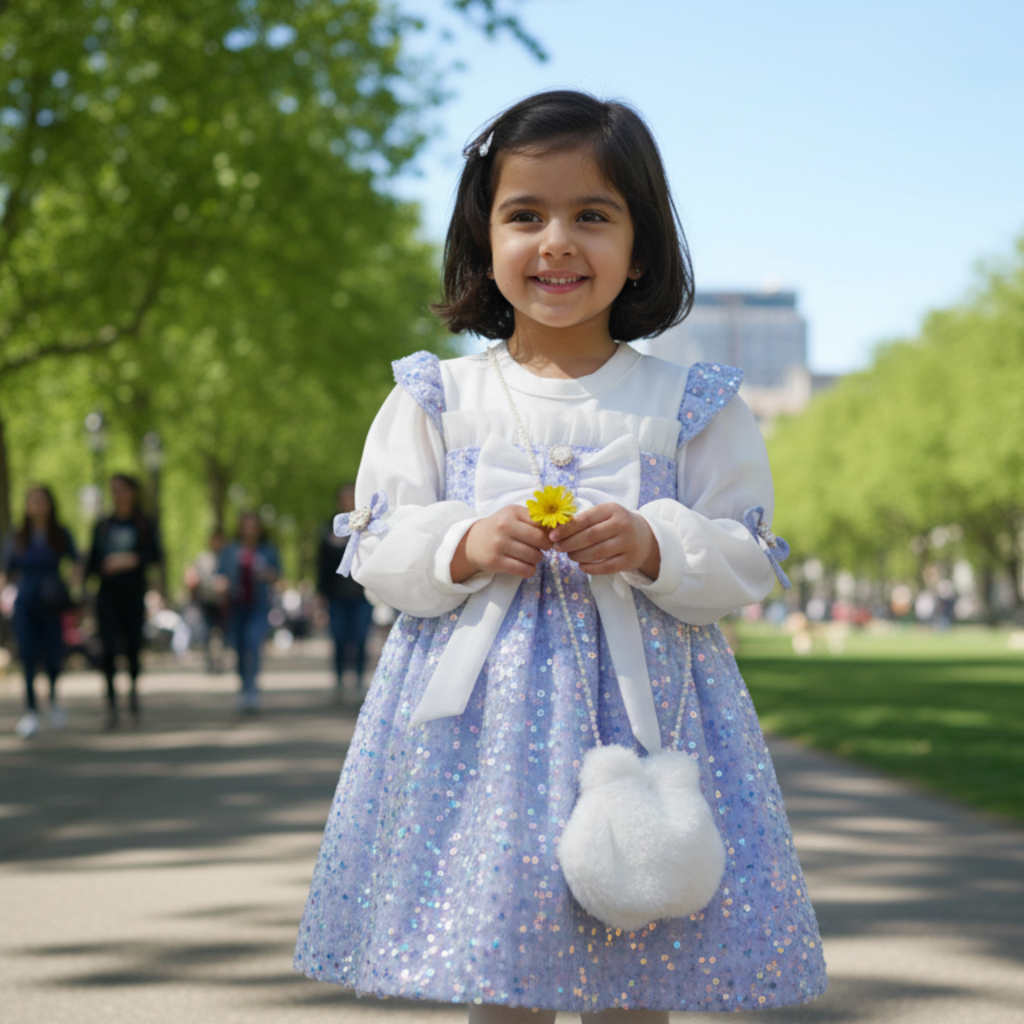 Lavender Princess Frock for Girls â Elegant Party Dress with Sequin Details & Puff Sleeves