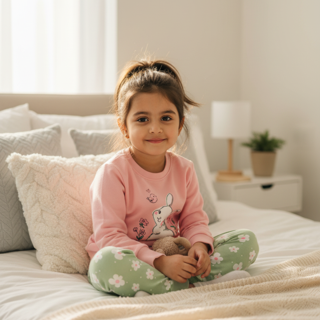 Bunny Graphic Pajama Set for Girls â Cute & Cozy Sleepwear with Floral Pants