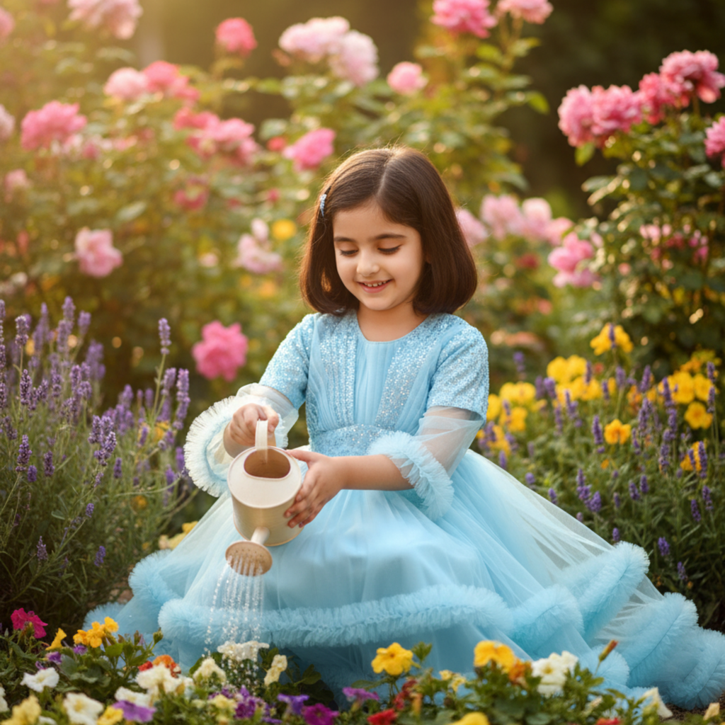 Blue Princess Frock for Girls â Elegant Party Dress with Lace & Pearl Embellishments