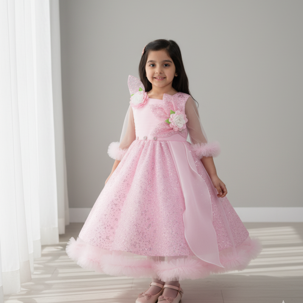Pink Princess Frock for Girls â Sparkling Party Dress with Floral Embellishments & Feather Trim