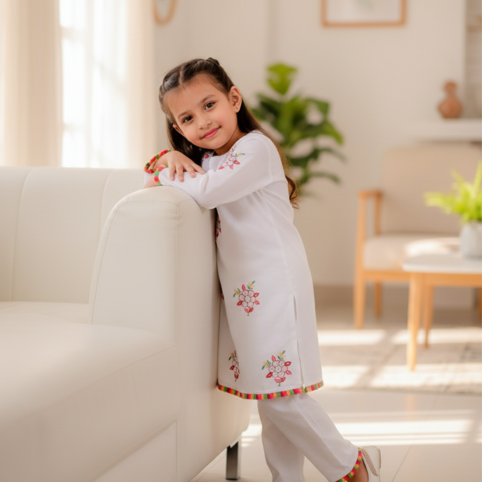 Embroidered Kids Kurta with Churidar - Elegant White Traditional Outfit for Girls