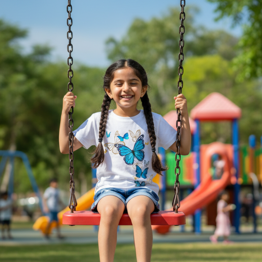 Butterfly Print T-shirt Frock for Girls â Casual Summer Dress with Denim Shorts & Fun Design