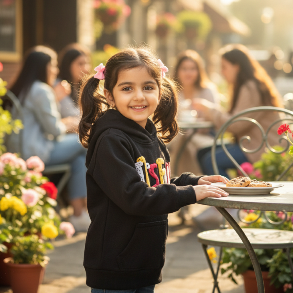 "It's Fun Time" Sweatshirt Frock for Girls â Cozy & Colorful Hoodie Dress with Bold Graphic Print