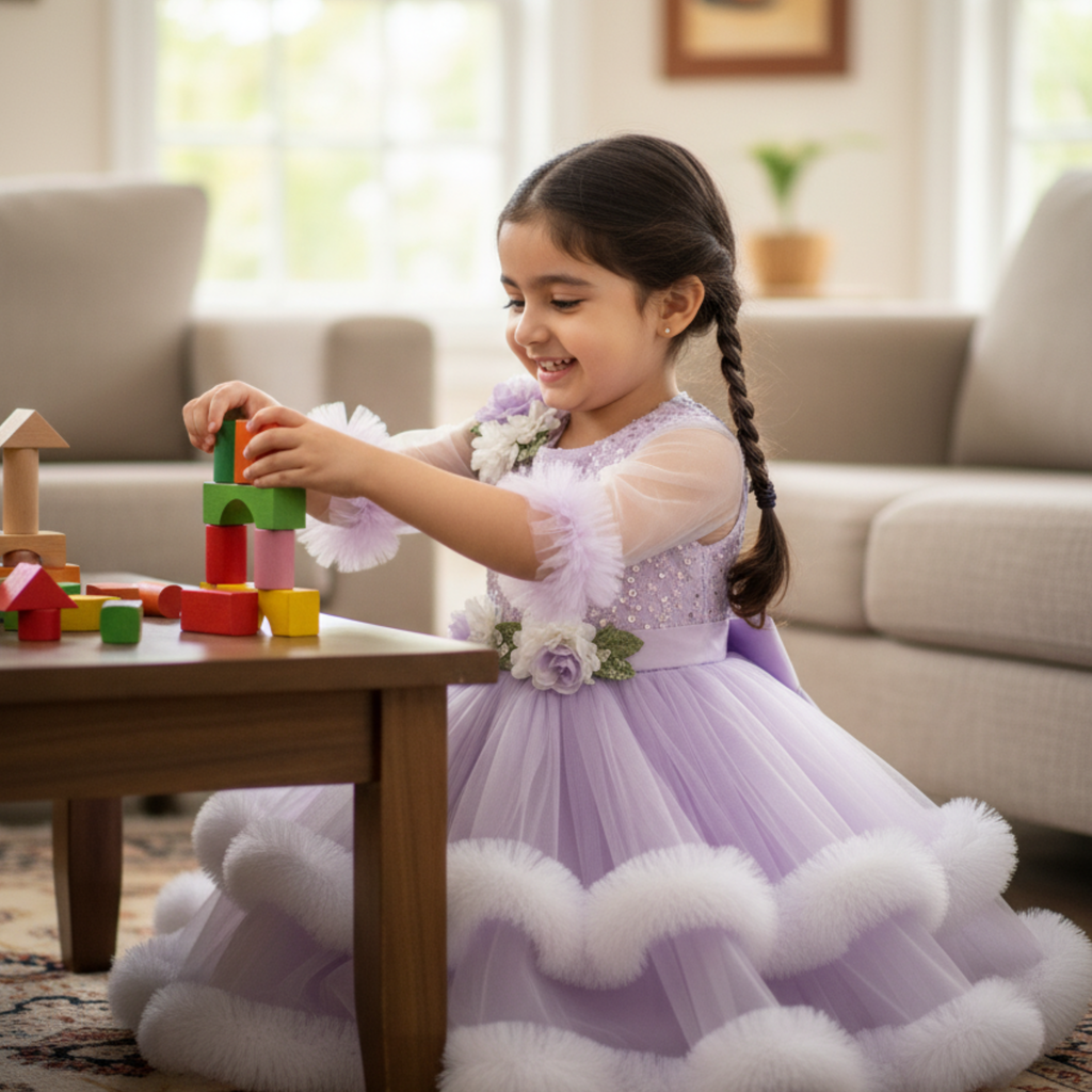 Lavender Princess Frock for Girls â Sparkling Birthday Dress with Floral AppliquÃ© & Feather Trim