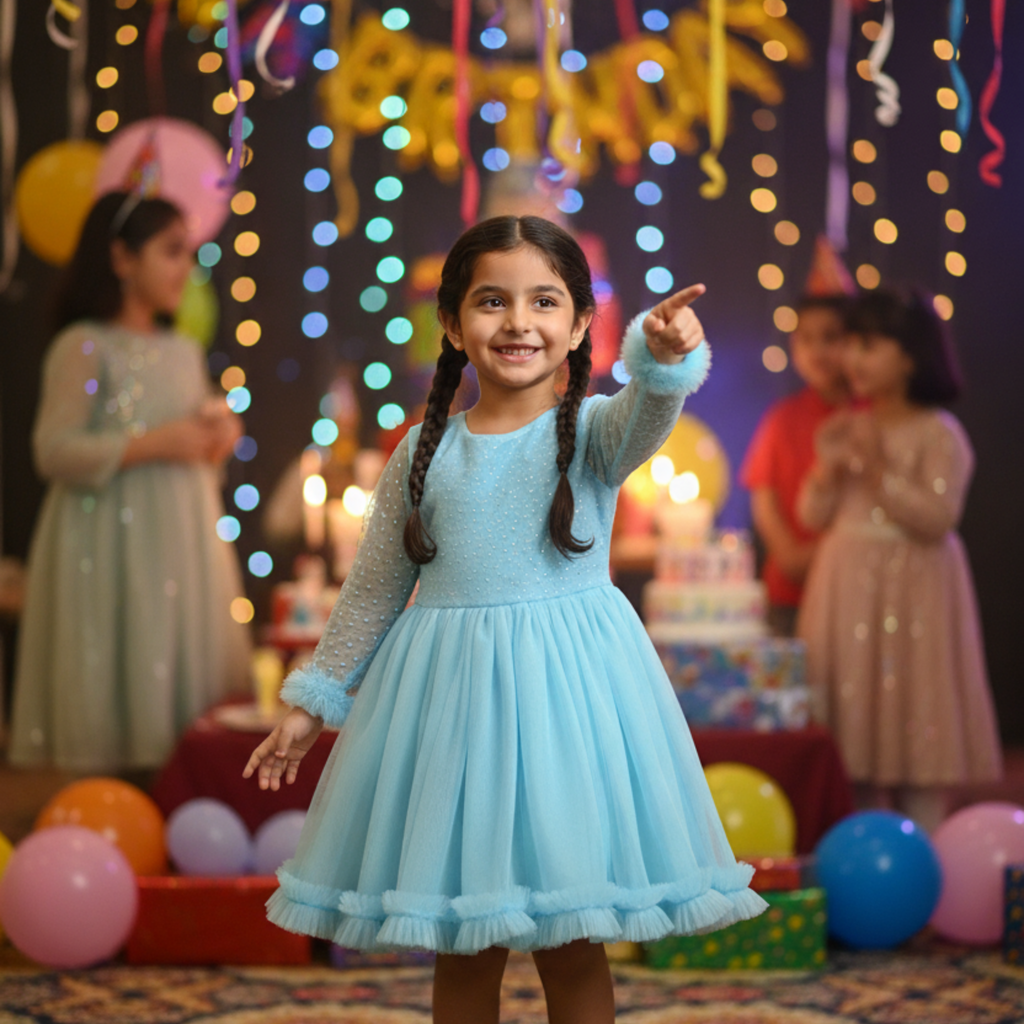 Sky Blue Party Frock for Girls â Elegant Birthday Dress with Tulle Layers & Sparkle Detailing