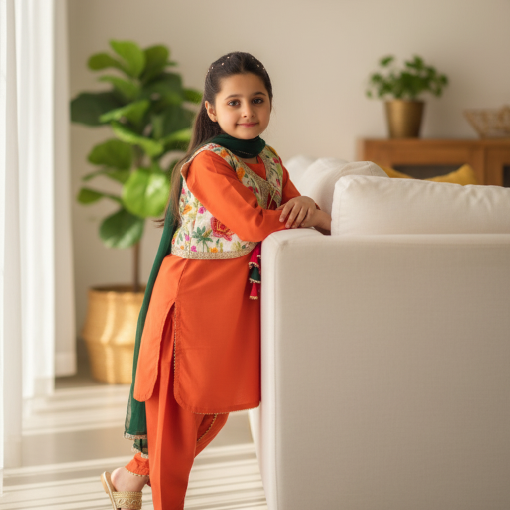 Embroidered Kids Shalwar Kameez Set â Elegant Orange Outfit with Floral Vest and Matching Scarf