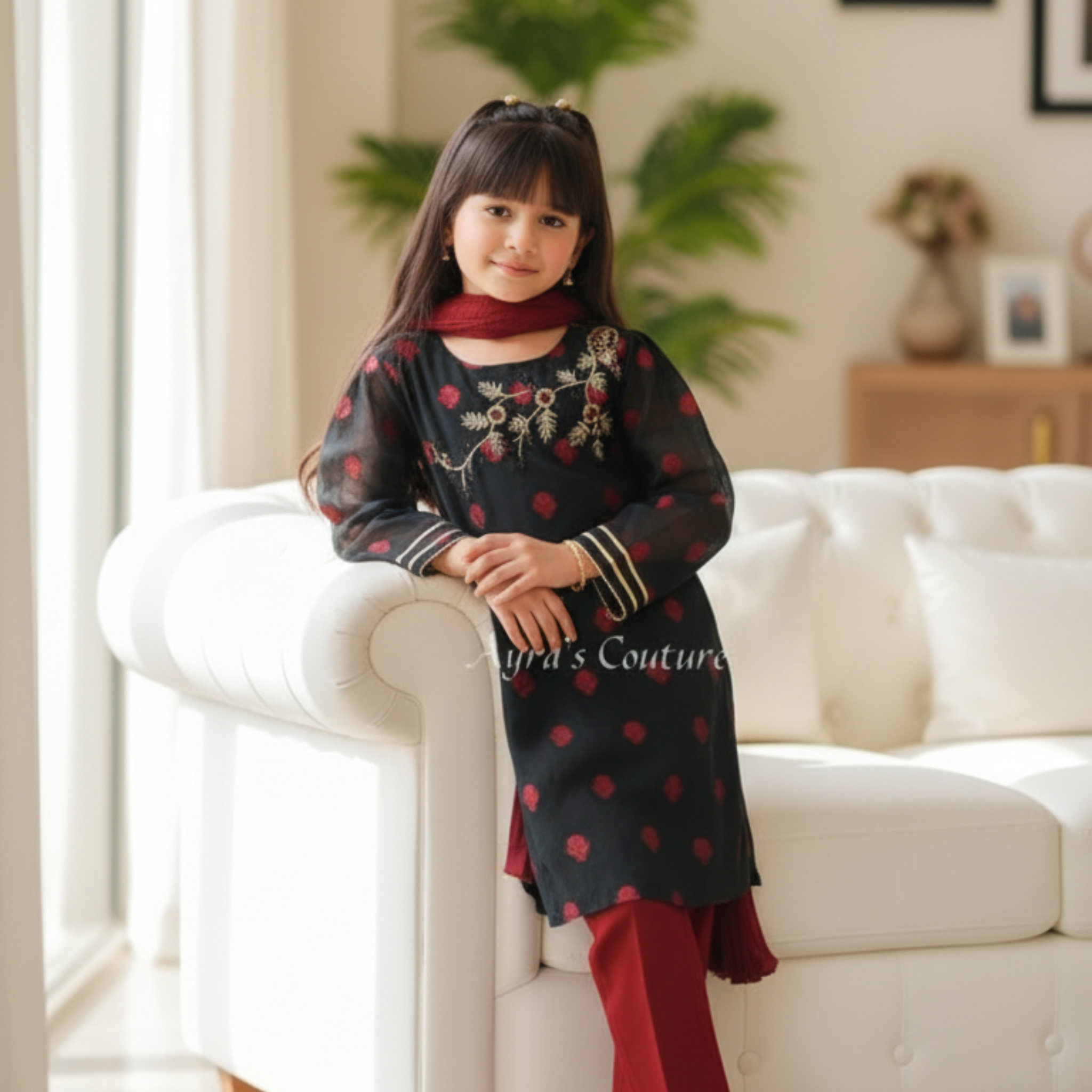 Embroidered Kids Shalwar Kameez Set â Elegant Black & Red Traditional Outfit with Floral Detailing