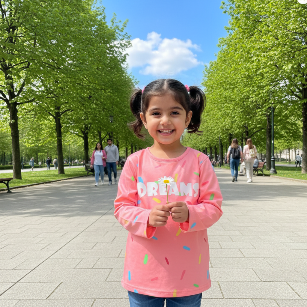 Pink âDREAMSâ T-shirt Frock for Girls â Fun & Colorful Play Dress with Sprinkles Design