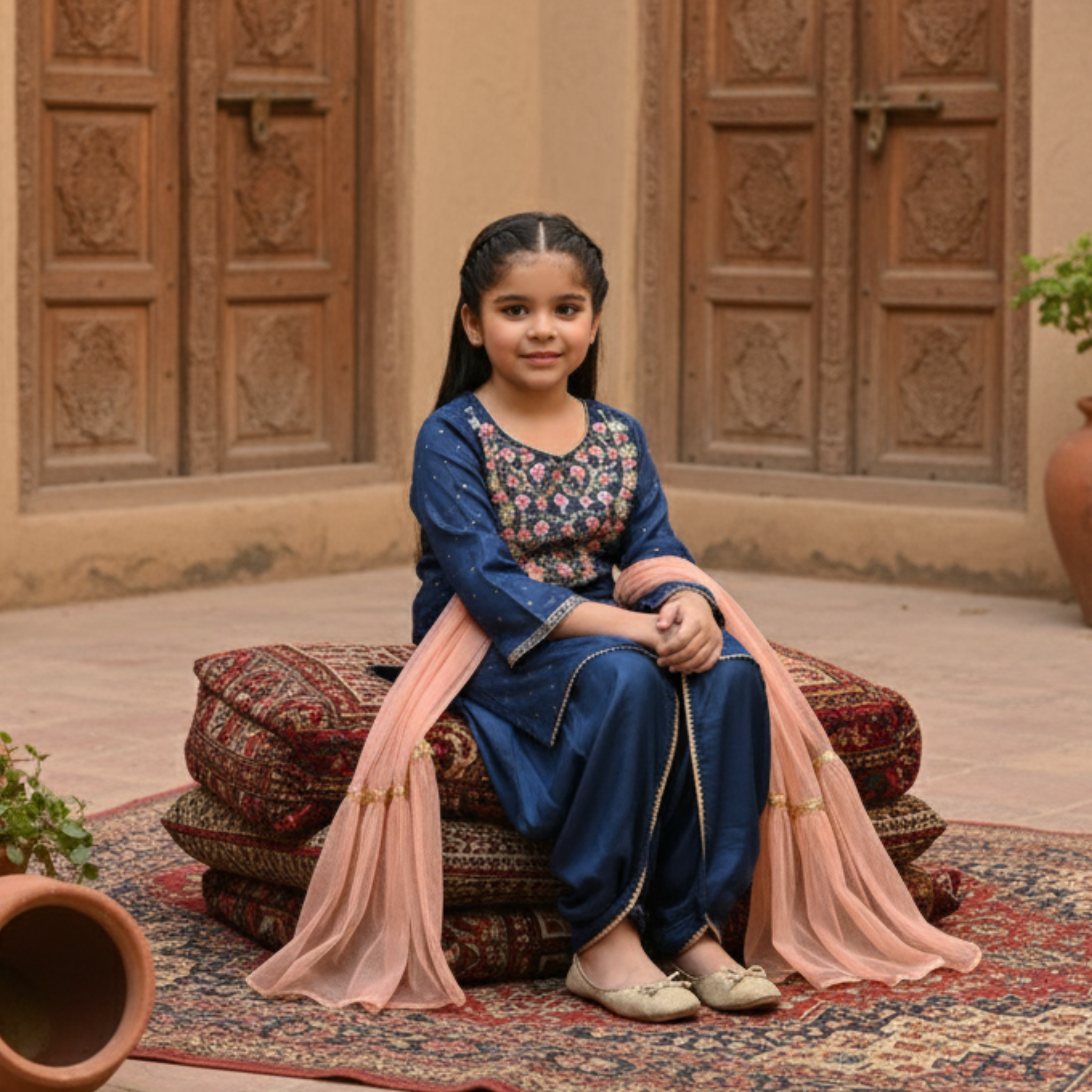 Embroidered Kids Kurta with Churidar and Scarf â Elegant Navy Blue Traditional Outfit for Girls  Key Features / Highlights