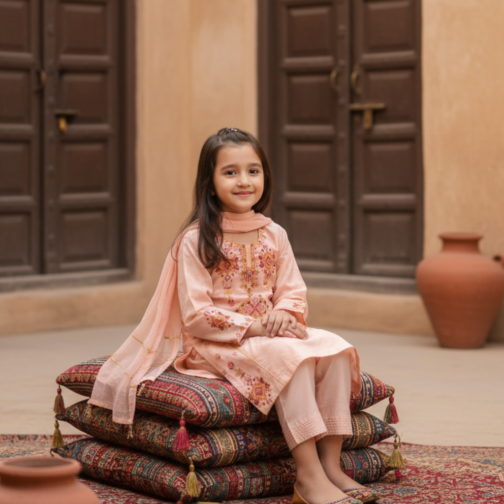 Embroidered Kids Kurta | Peach-Colored Traditional Outfit with Floral Embroidery & Comfortable Fit
