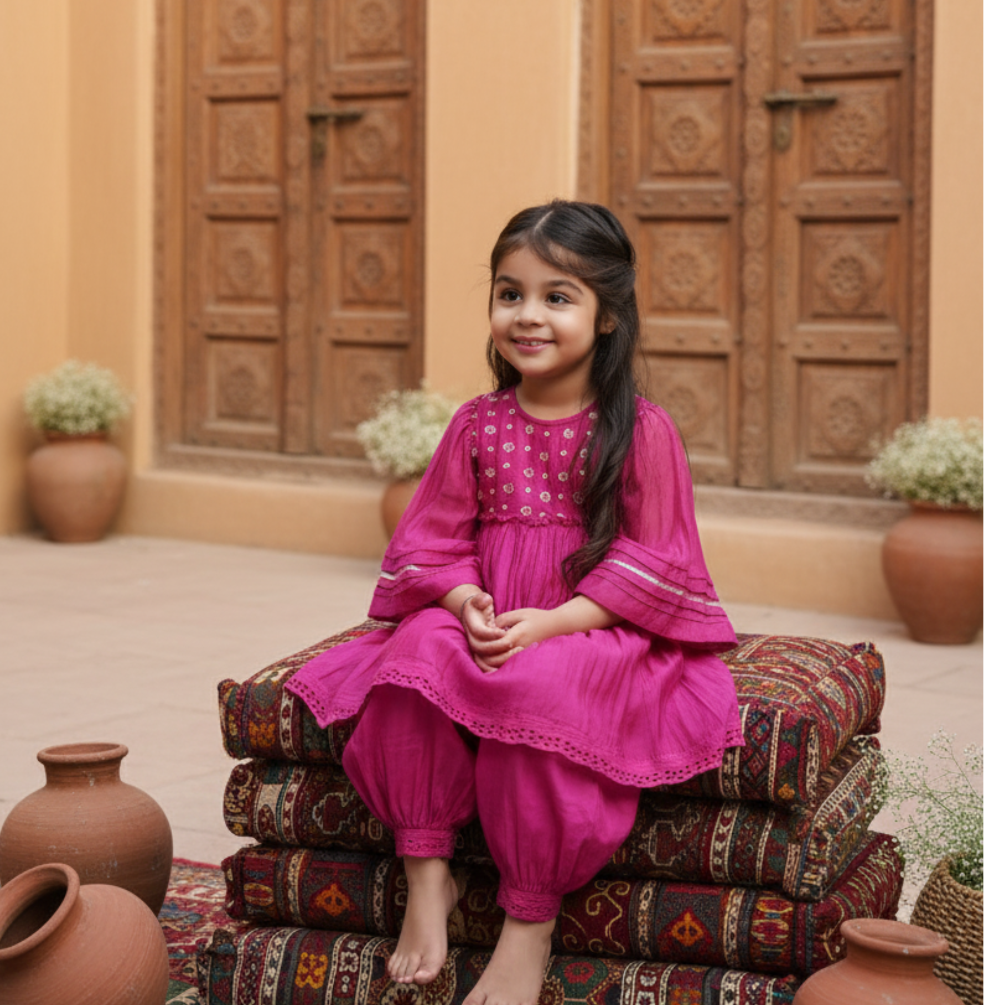 Embroidered Kids Kurta with Gathered Pants - Elegant Traditional Outfit for Girls